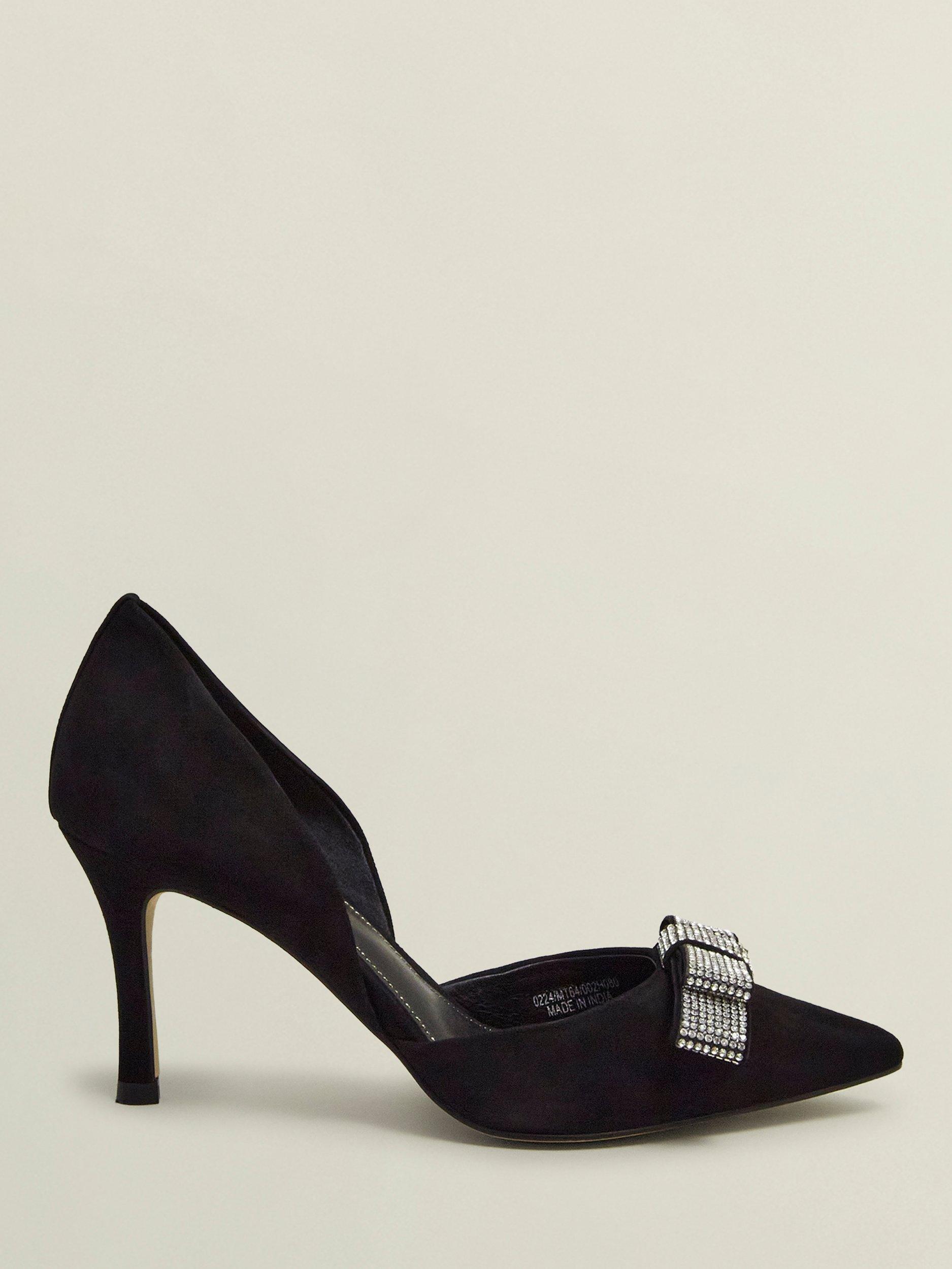 Product image 1 of 6, which shows Hobbs Elva Suede Jewelled Bow Pointed Heeled Courts, Black, 3