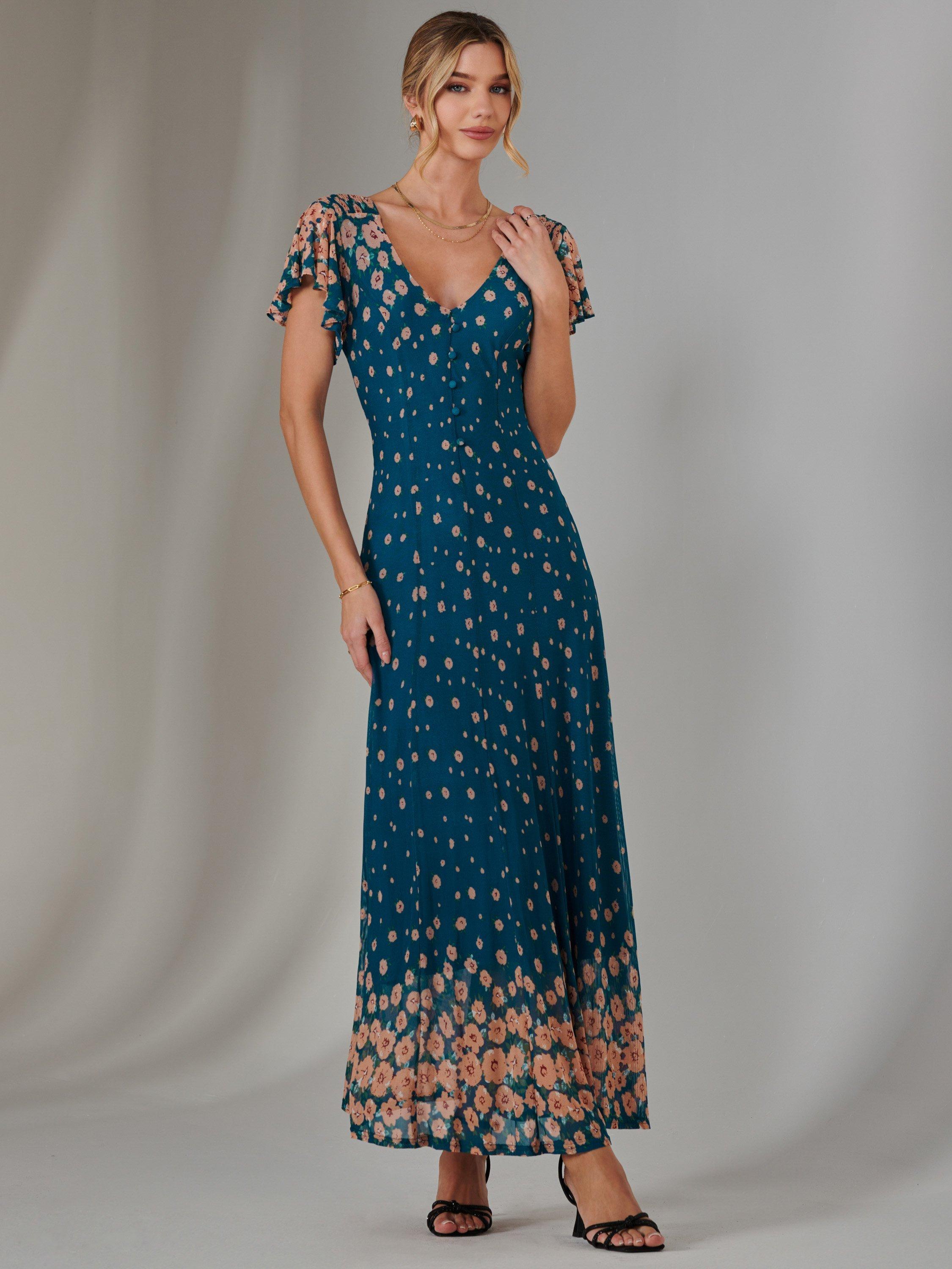 Product image 5 of 6, which shows Jolie Moi Gina Floral Maxi Dress, Teal/Multi, 8