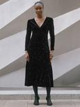 Albaray Pearl Embellished Velvet Tiered Hem Midi Dress, Black