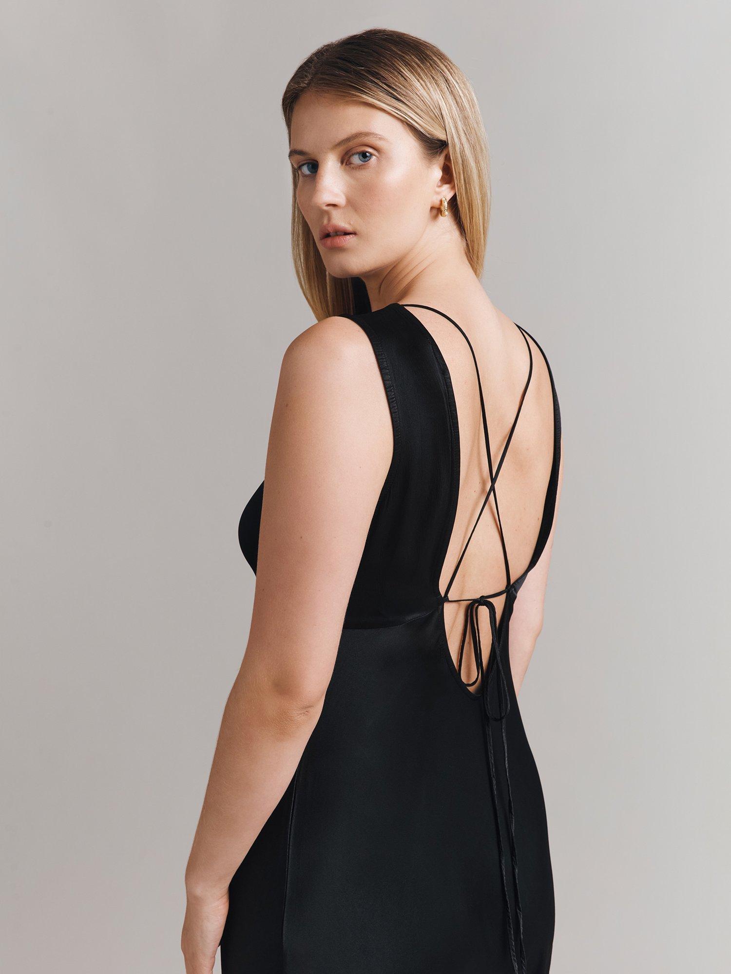 Product image 4 of 4, which shows Ghost Aurelie Tie Back Satin Midiaxi Dress, Black, XL