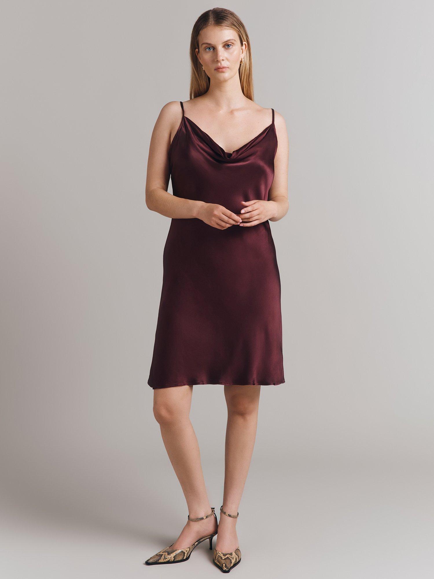 Product image 1 of 5, which shows Ghost Hazel Cowl Neck Satin Slip Mini Dress, Wine, S