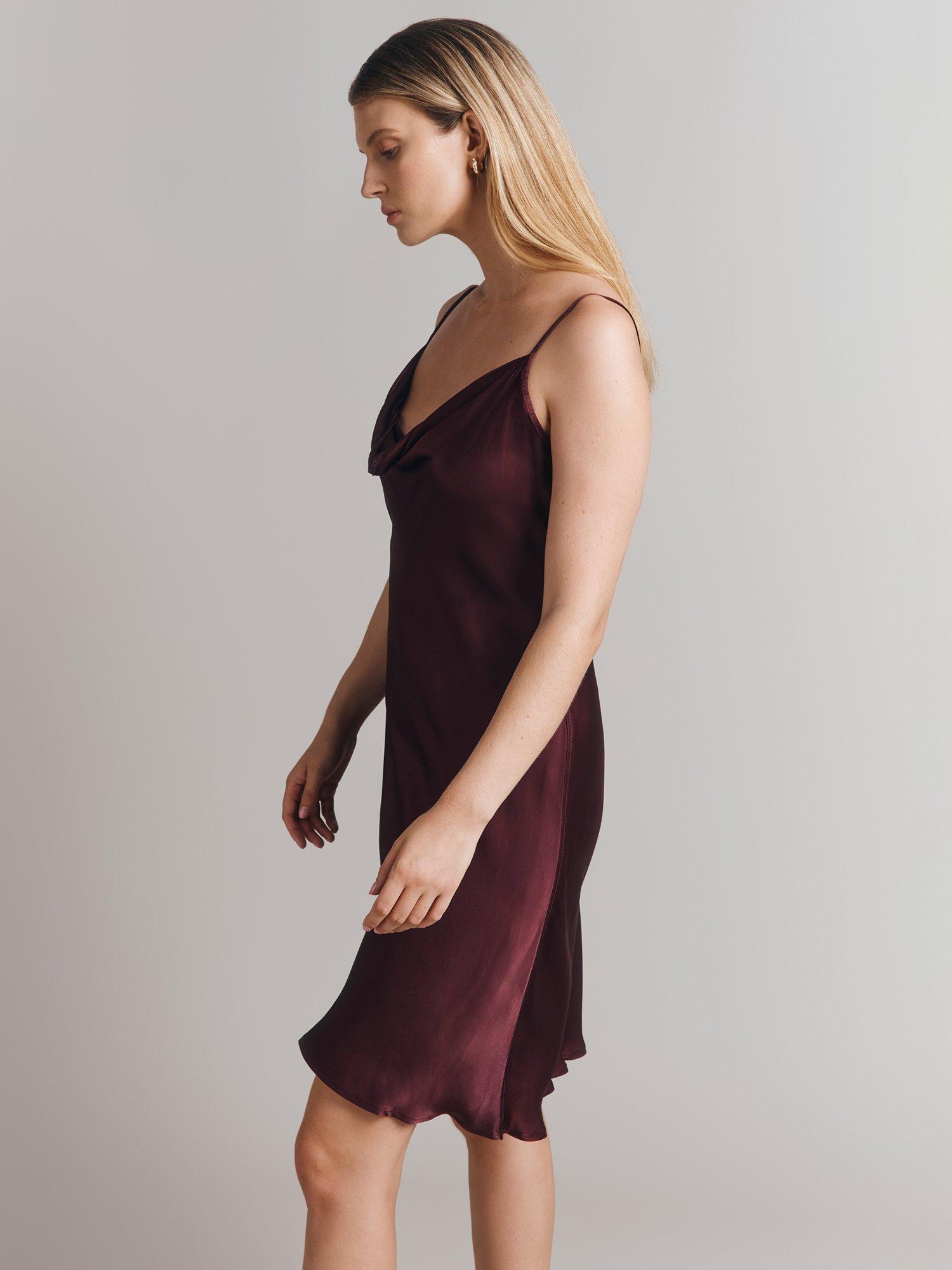 Product image 3 of 5, which shows Ghost Hazel Cowl Neck Satin Slip Mini Dress, Wine, S