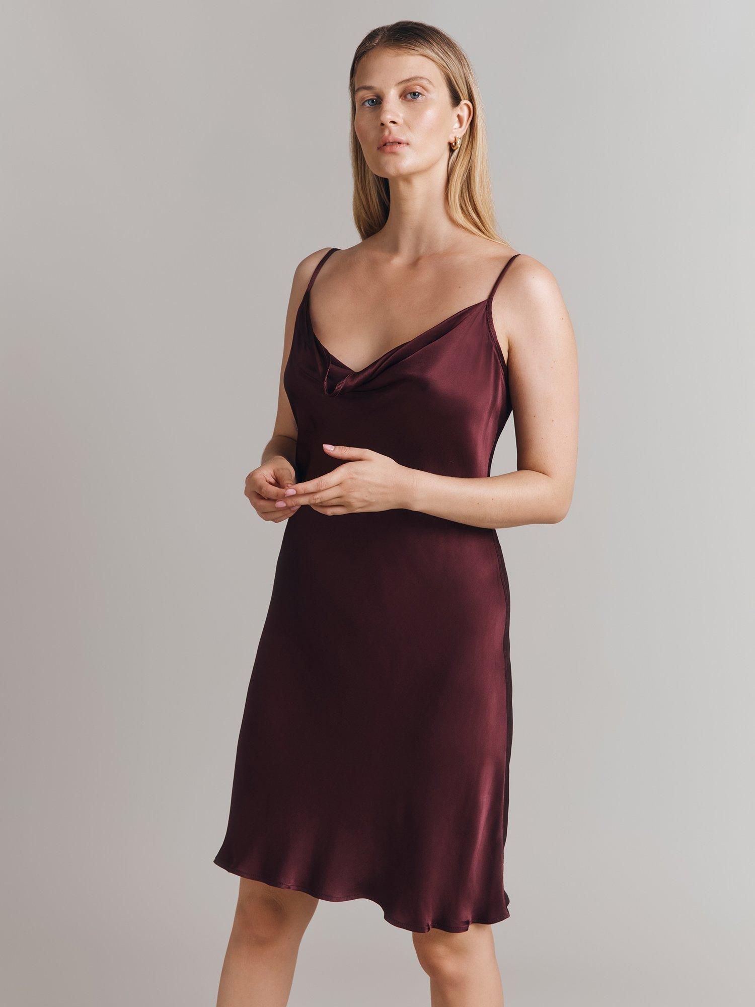 Product image 4 of 5, which shows Ghost Hazel Cowl Neck Satin Slip Mini Dress, Wine, S