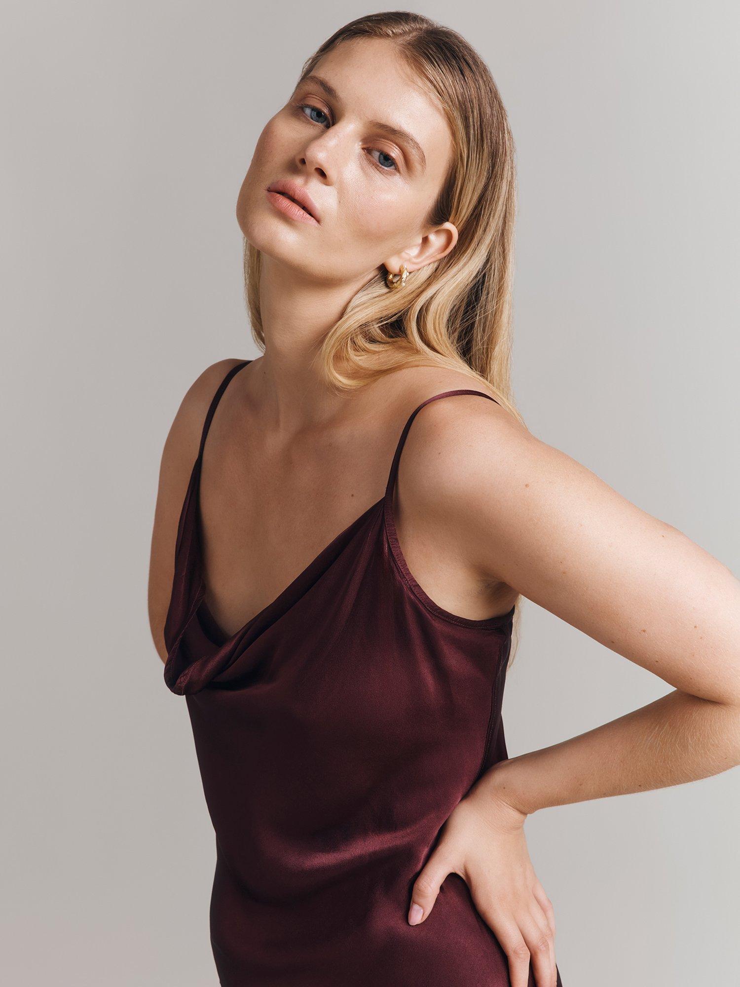 Product image 5 of 5, which shows Ghost Hazel Cowl Neck Satin Slip Mini Dress, Wine, S