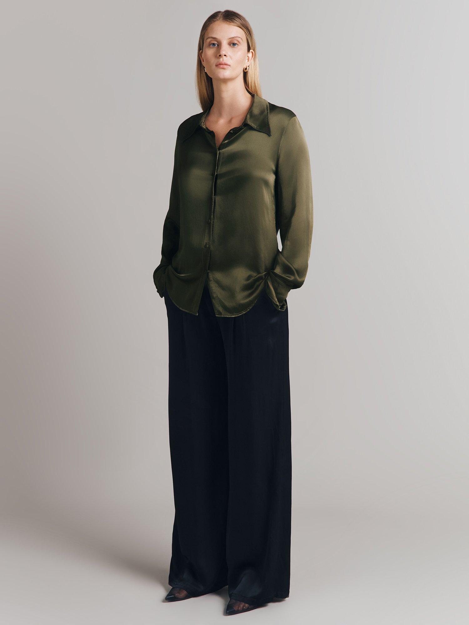 Product image 1 of 4, which shows Ghost Asya Satin Shirt, Dark Green, S