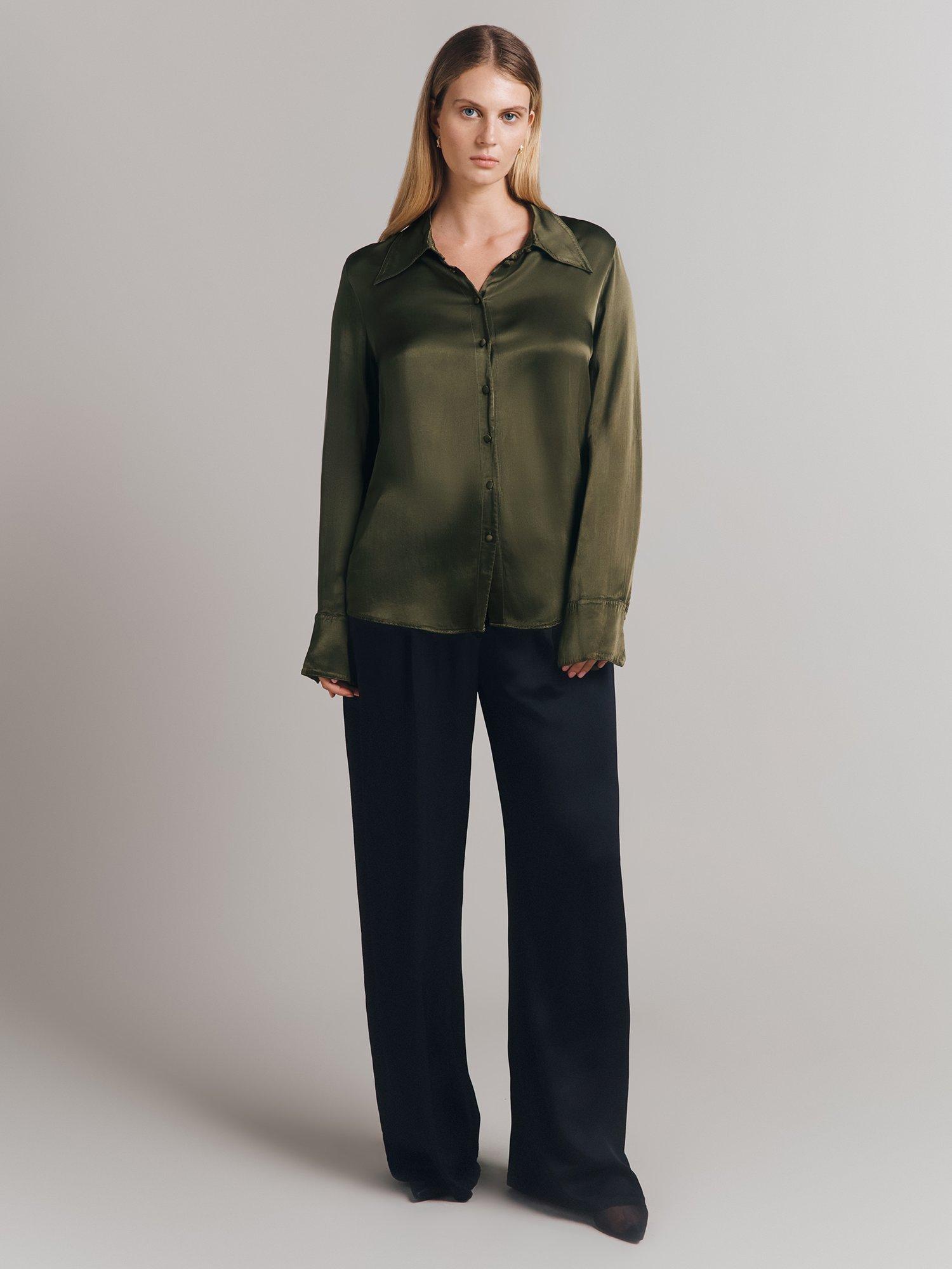 Product image 2 of 4, which shows Ghost Asya Satin Shirt, Dark Green, S