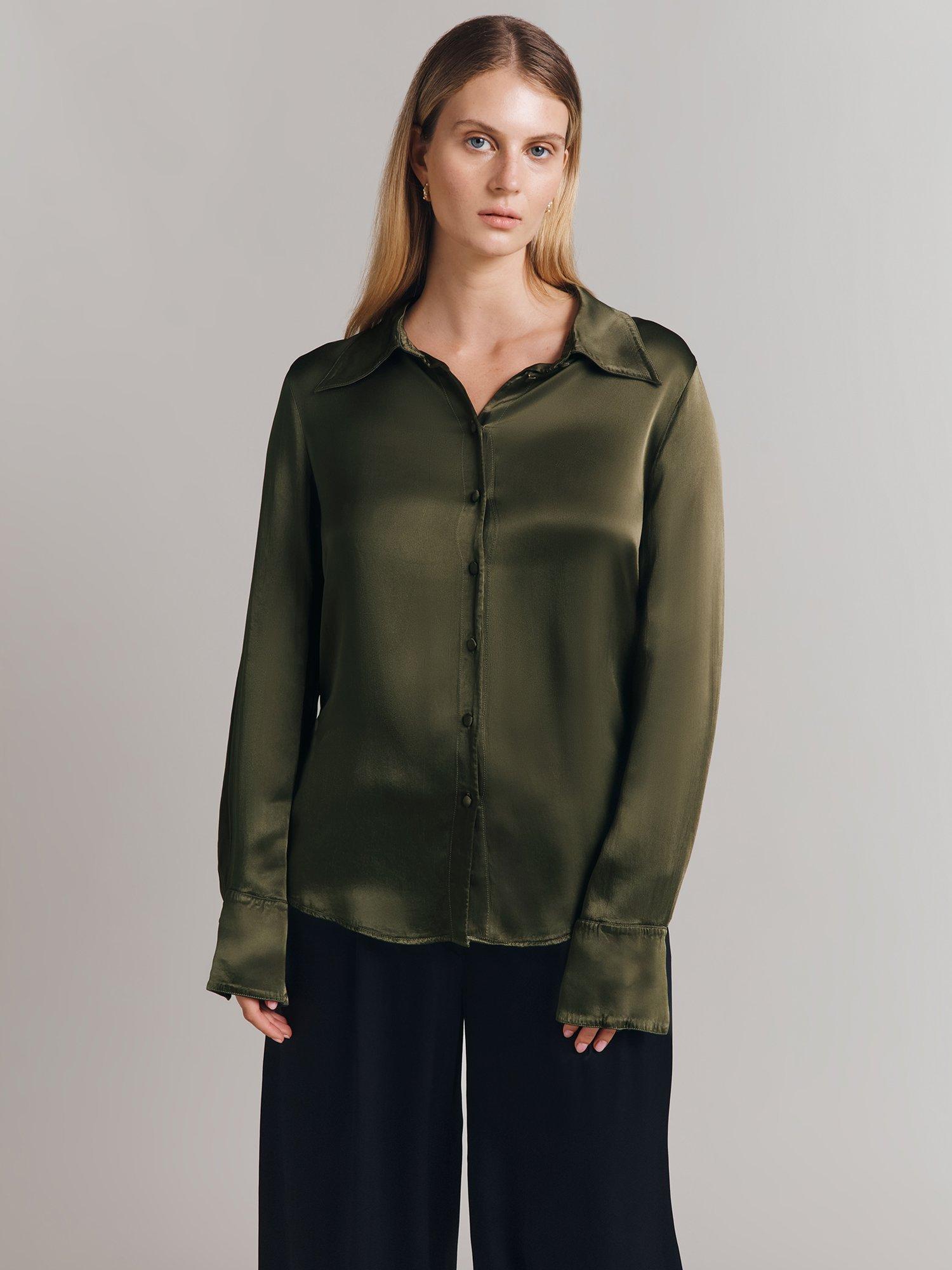 Product image 3 of 4, which shows Ghost Asya Satin Shirt, Dark Green, S