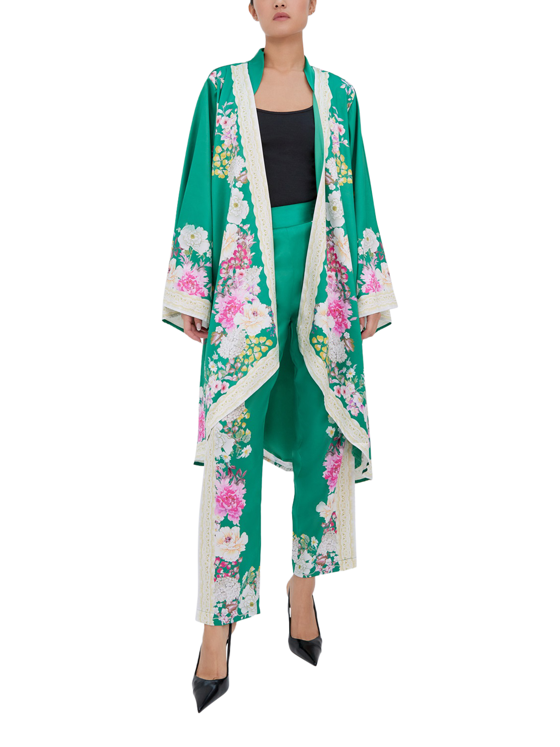 Product image 1 of 3, which shows Raishma Amora Floral Kimono, Green, 8