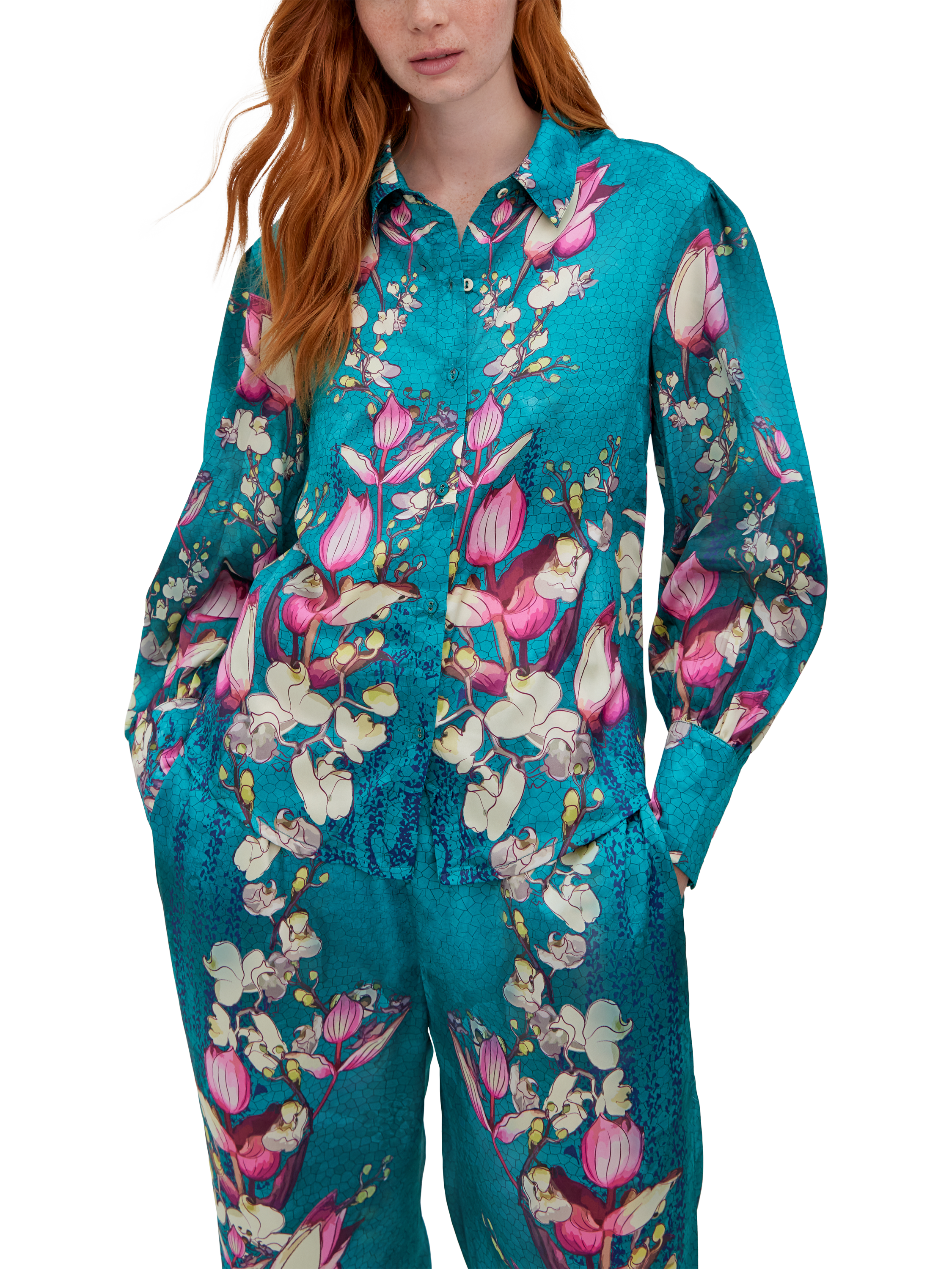 Product image 1 of 3, which shows Raishma Lauren Floral Satin Shirt, Blue, 8