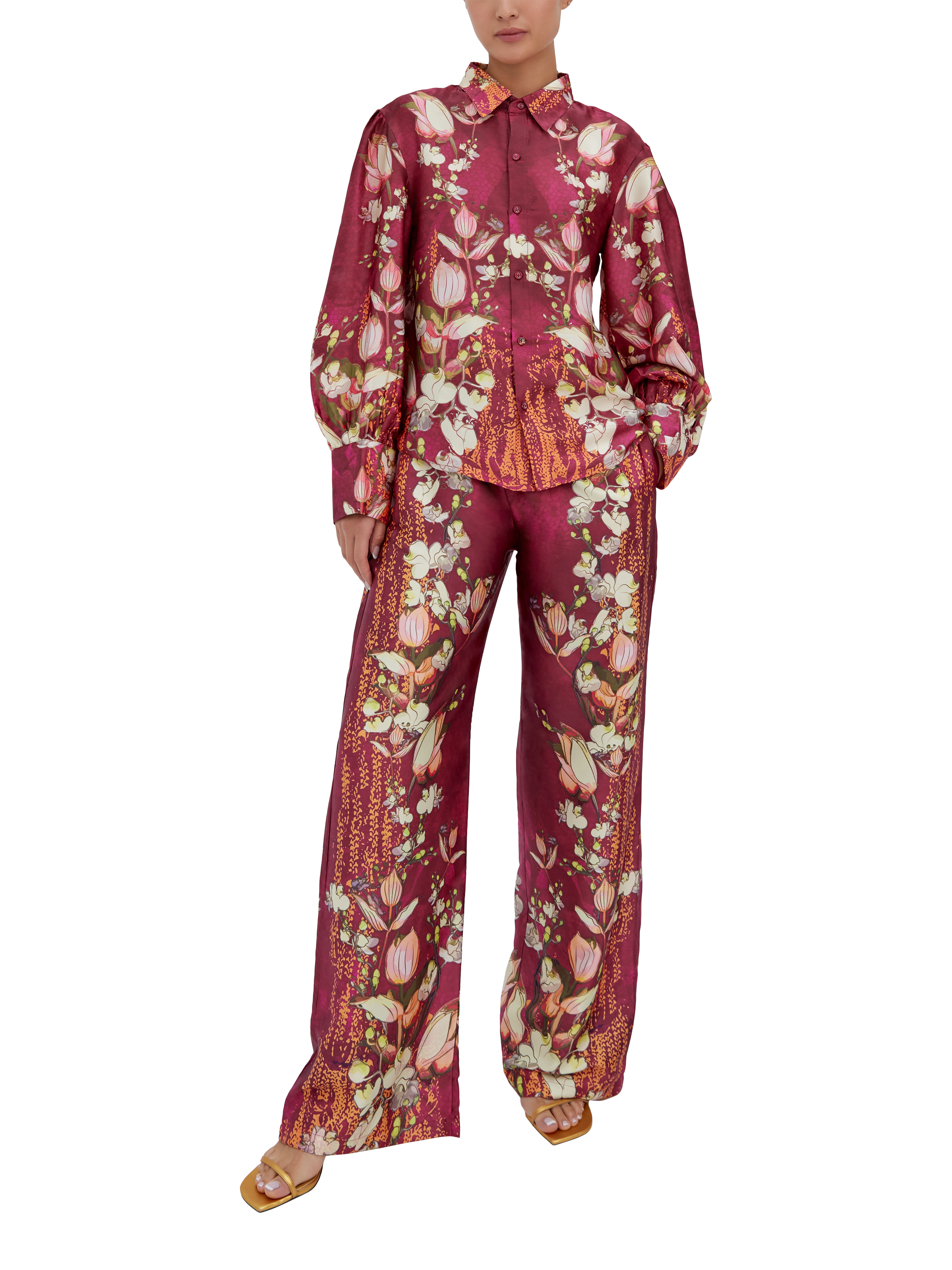 Product image 1 of 3, which shows Raishma Lauren Floral Satin Shirt, Burgundy, 10