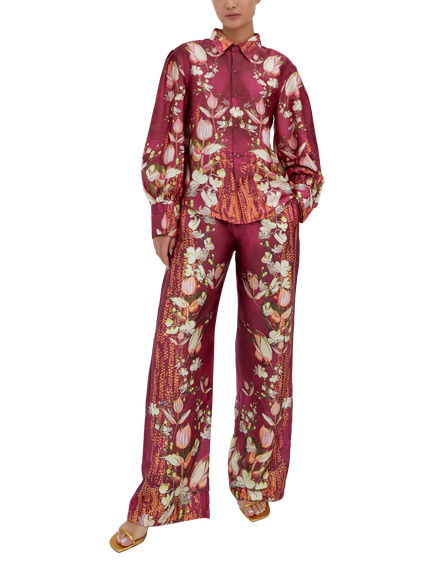 Raishma Lauren Floral Satin Shirt, Burgundy