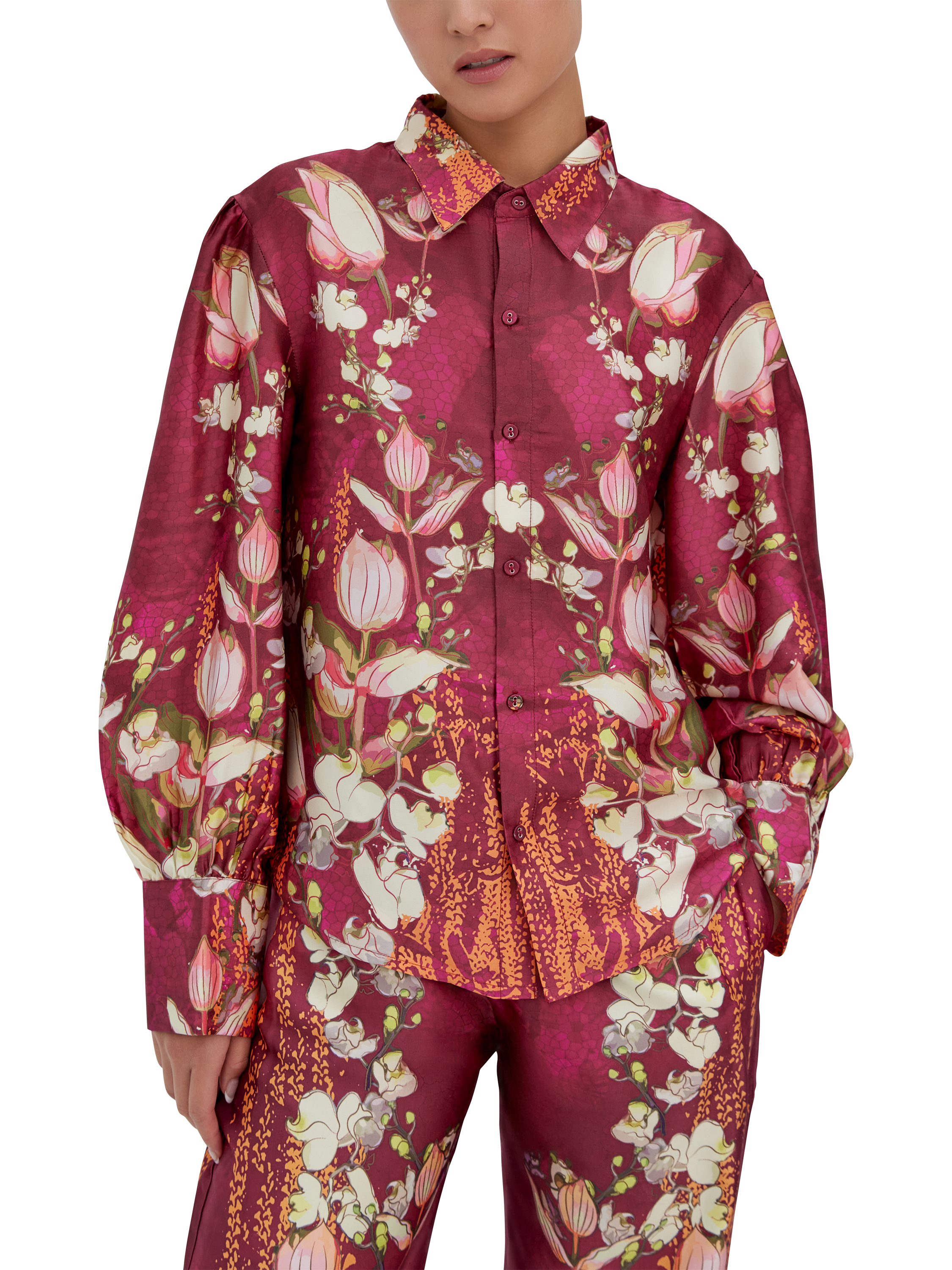 Product image 2 of 3, which shows Raishma Lauren Floral Satin Shirt, Burgundy, 10