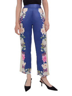 Raishma Amora Satin Floral Straight Leg Trousers, Blue, Blue