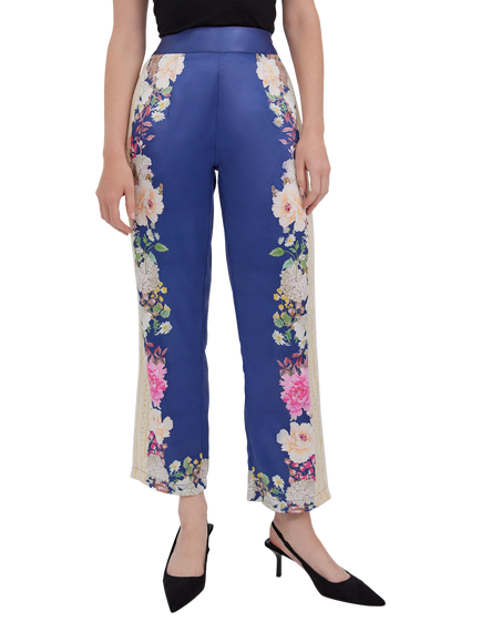 Raishma Amora Satin Floral Straight Leg Trousers, Blue, Blue