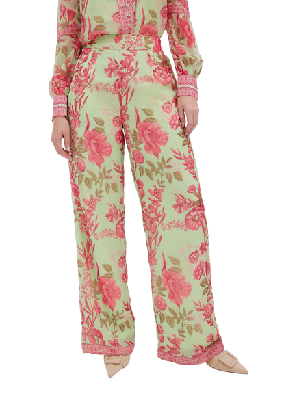Raishma Aspen Floral Satin Trousers, Green, Green