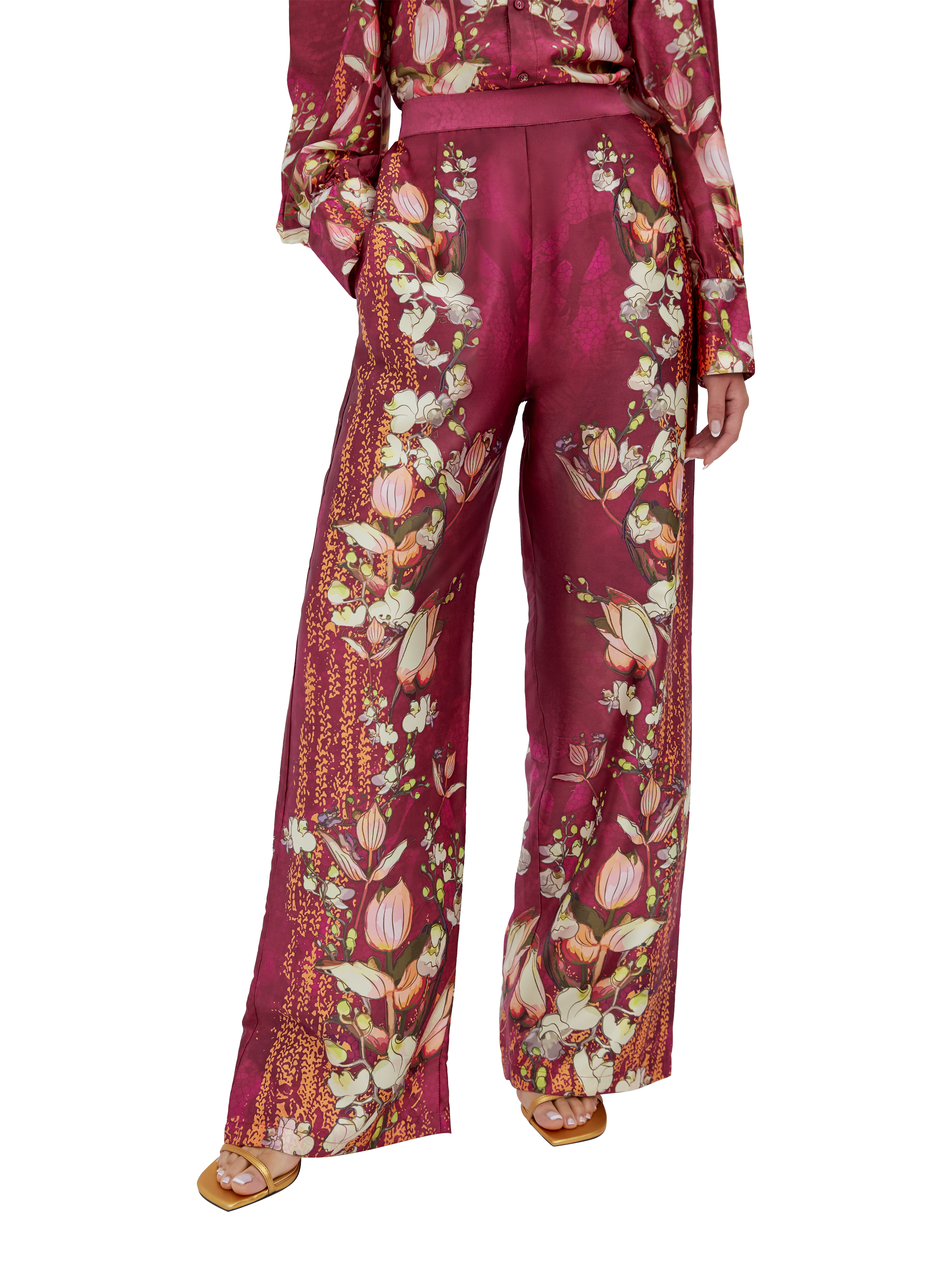Product image 1 of 3, which shows Raishma Lauren Floral Trousers, Burgundy, 10