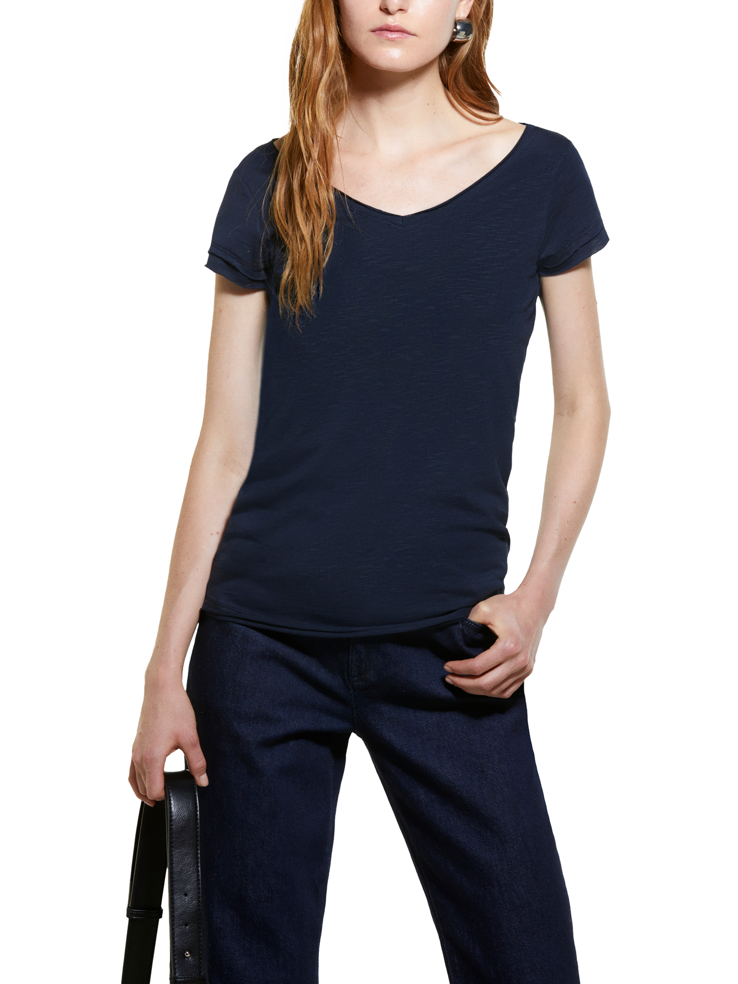 Product image 1 of 5, which shows SISLEY Cotton Blend V-Neck T-Shirt, Navy, XS