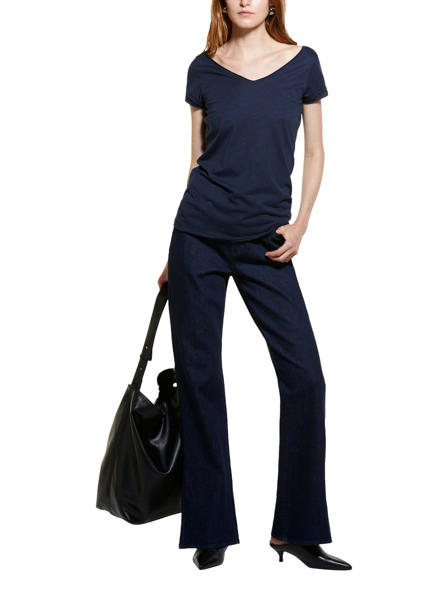 Product image 3 of 5, which shows SISLEY Cotton Blend V-Neck T-Shirt, Navy, XS