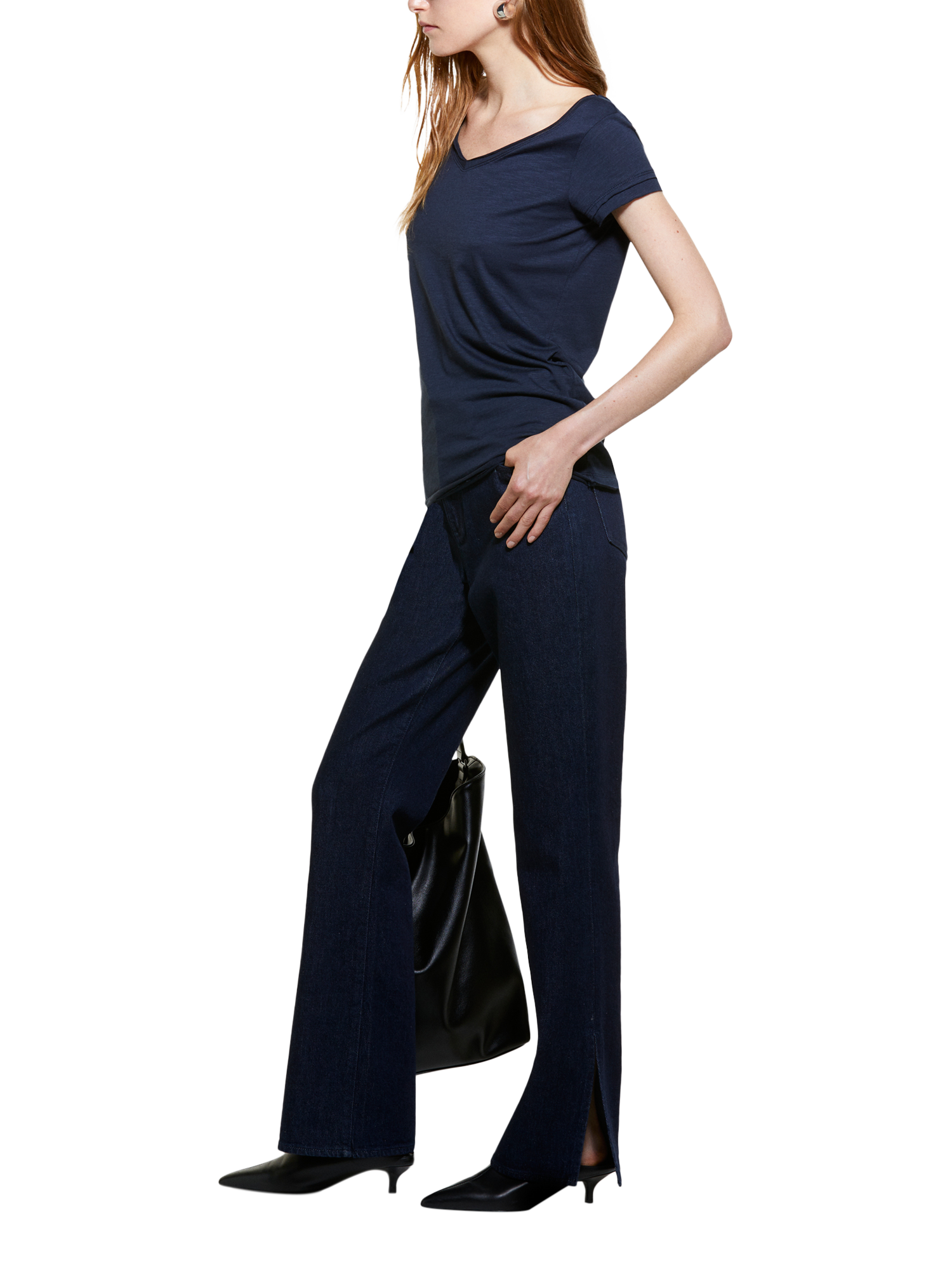 Product image 4 of 5, which shows SISLEY Cotton Blend V-Neck T-Shirt, Navy, XS