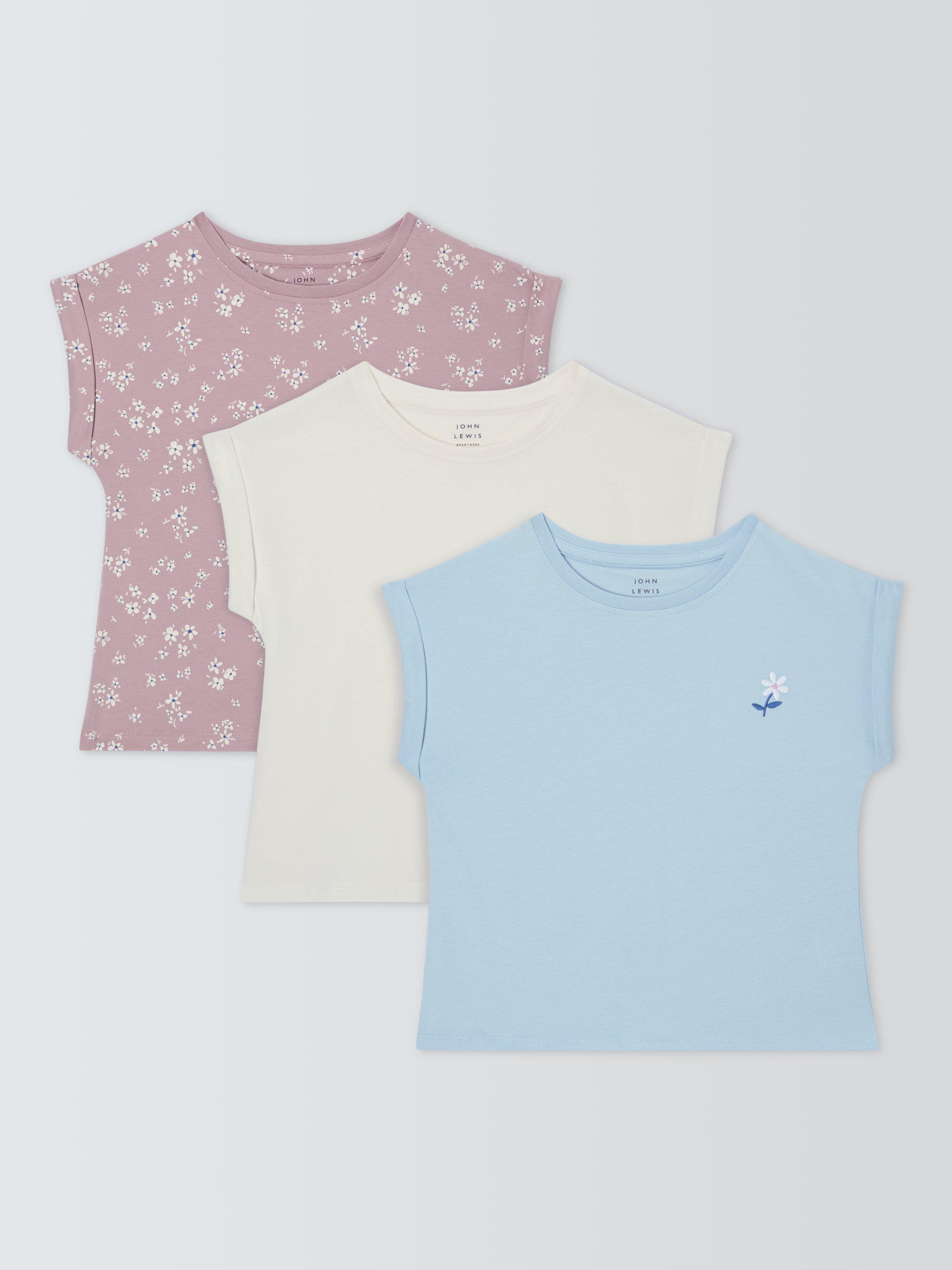 Product image 1 of 7, which shows John Lewis Kids' Floral/Plain/Flower T-Shirts, Pack of 3, Blue Pink Mix, 2 years
