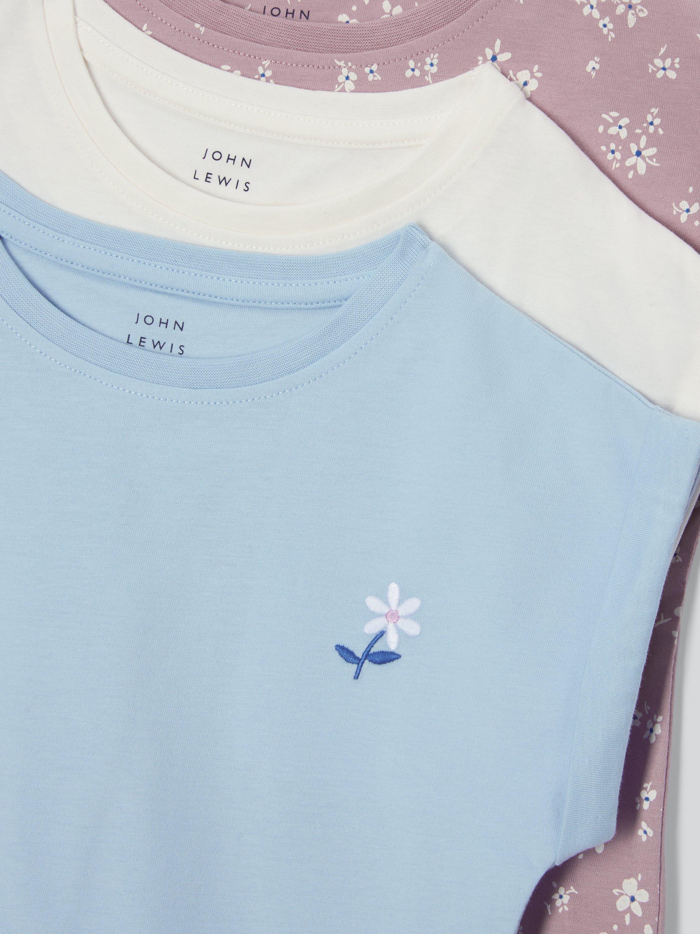 Product image 3 of 7, which shows John Lewis Kids' Floral/Plain/Flower T-Shirts, Pack of 3, Blue Pink Mix, 2 years