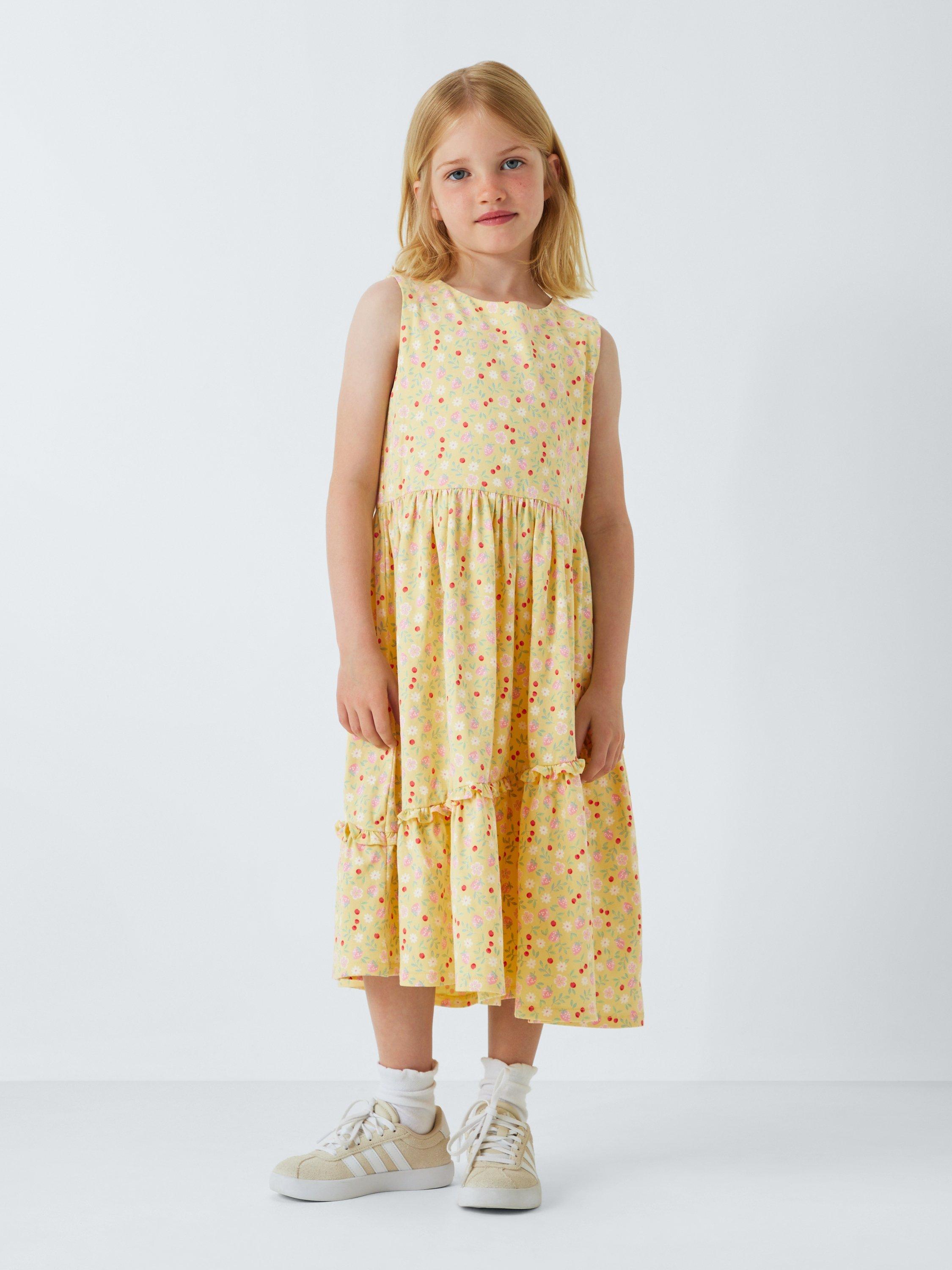 Product image 2 of 7, which shows John Lewis Floral Asymmetric Tiered Dress, Yellow, 2 years