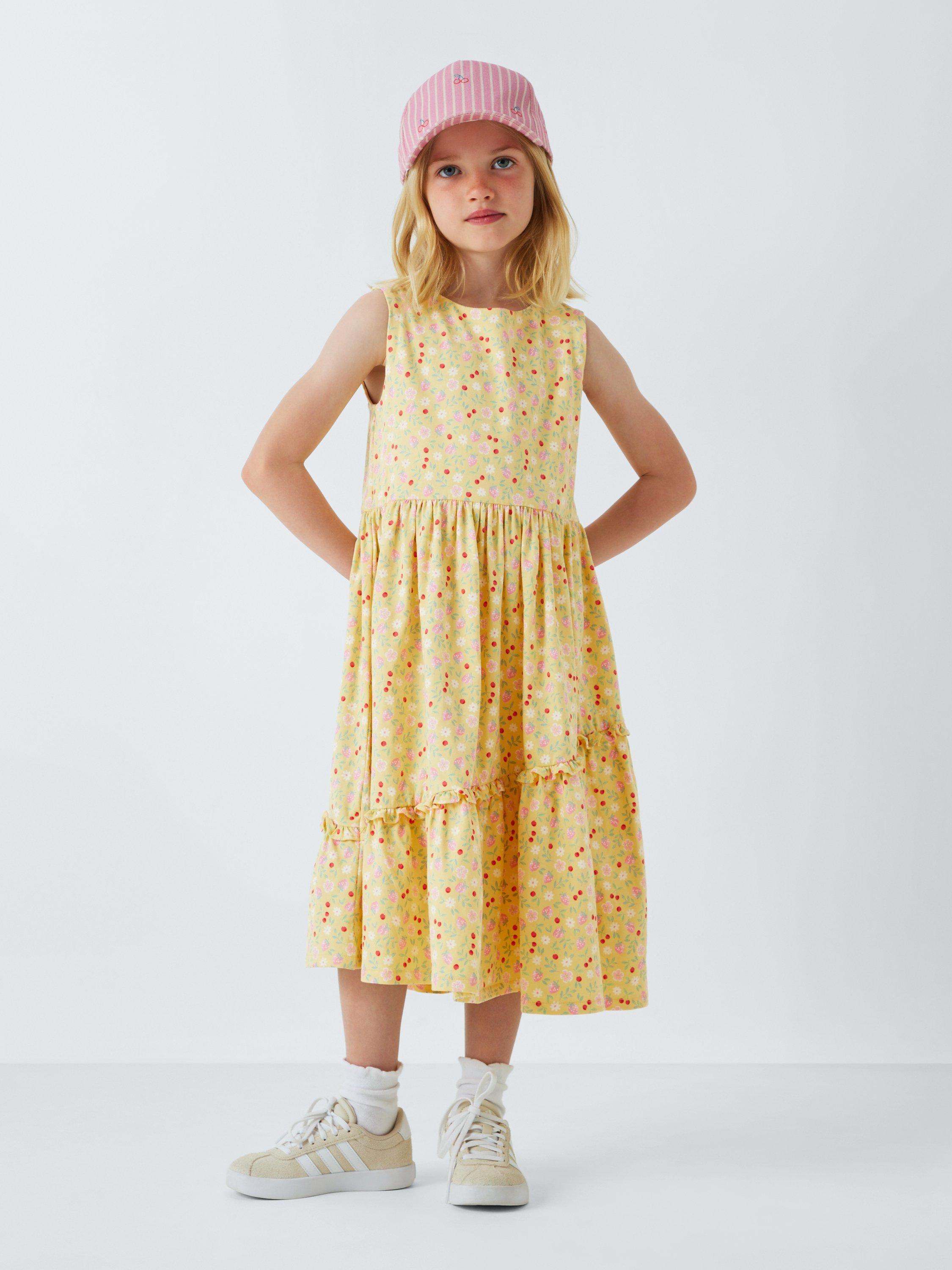 Product image 1 of 7, which shows John Lewis Floral Asymmetric Tiered Dress, Yellow, 2 years