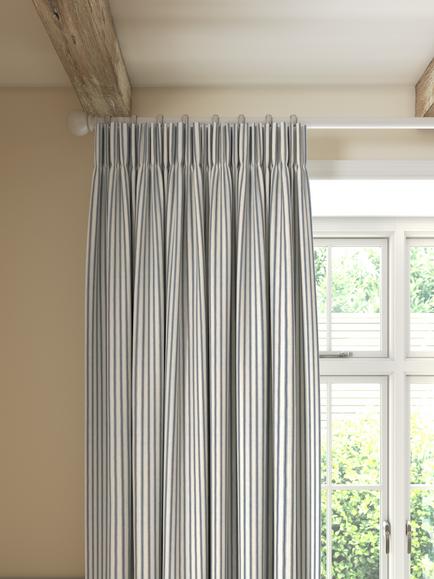 John Lewis Ticking Stripe Print Pair Lined Pencil Pleat Curtains, Blue