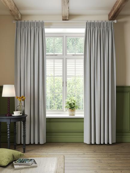 John Lewis Ticking Stripe Print Pair Lined Pencil Pleat Curtains - view 2, Loch Blue