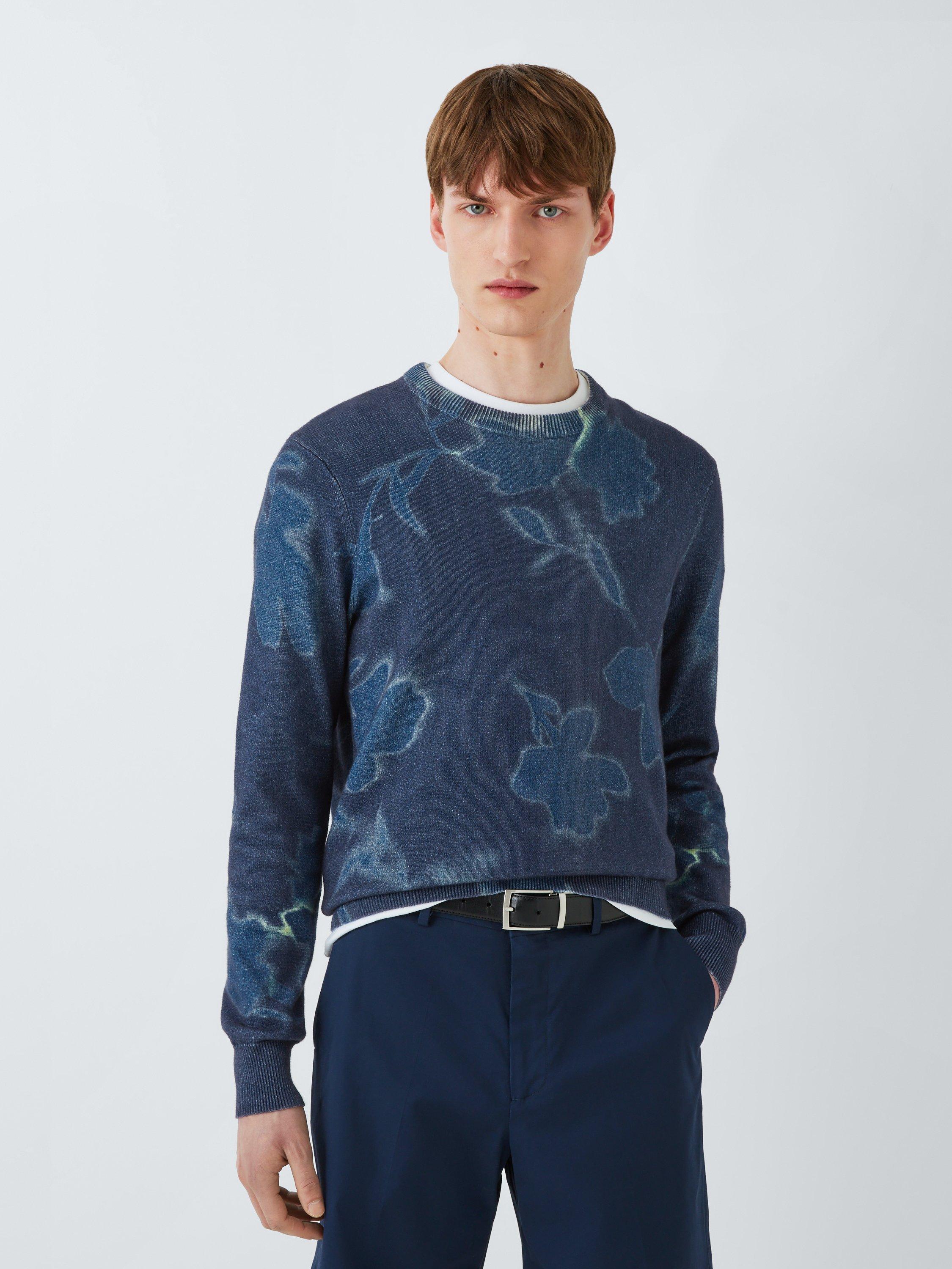 Product image 1 of 6, which shows Kin Floral Cotton Knit Crew Neck Jumper, Dark Sapphire, S