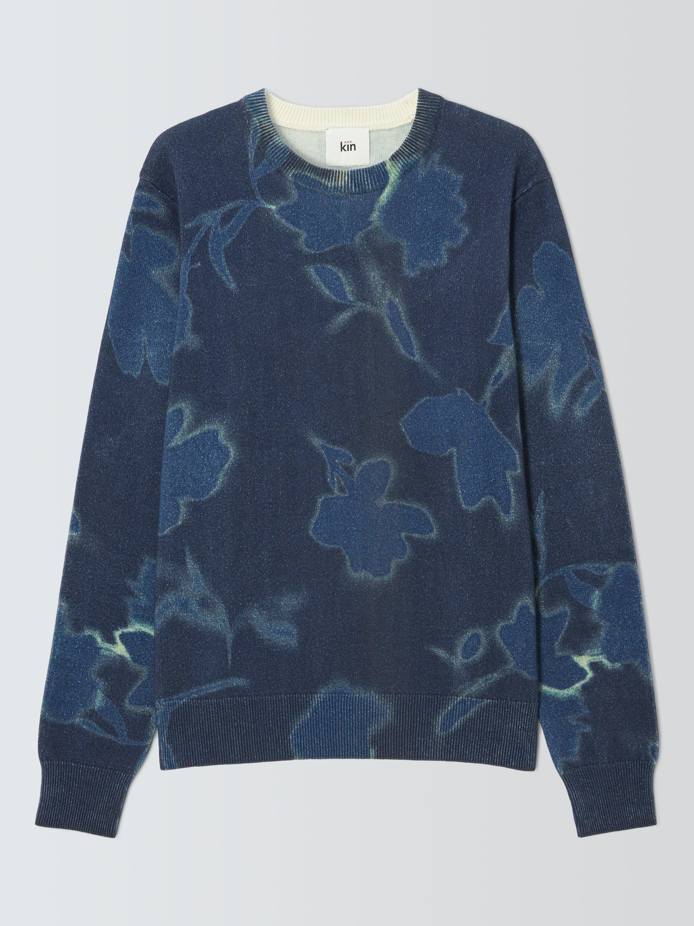 Product image 4 of 6, which shows Kin Floral Cotton Knit Crew Neck Jumper, Dark Sapphire, S