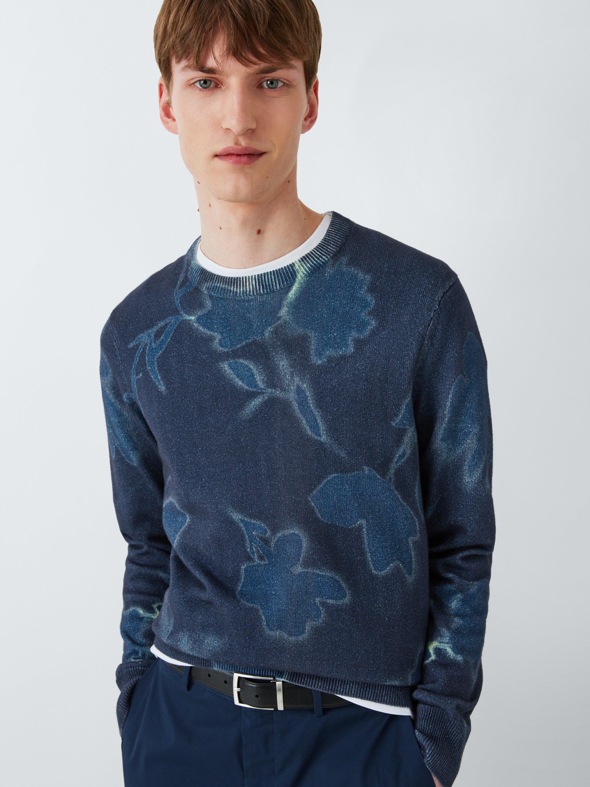 Product image 6 of 6, which shows Kin Floral Cotton Knit Crew Neck Jumper, Dark Sapphire, S