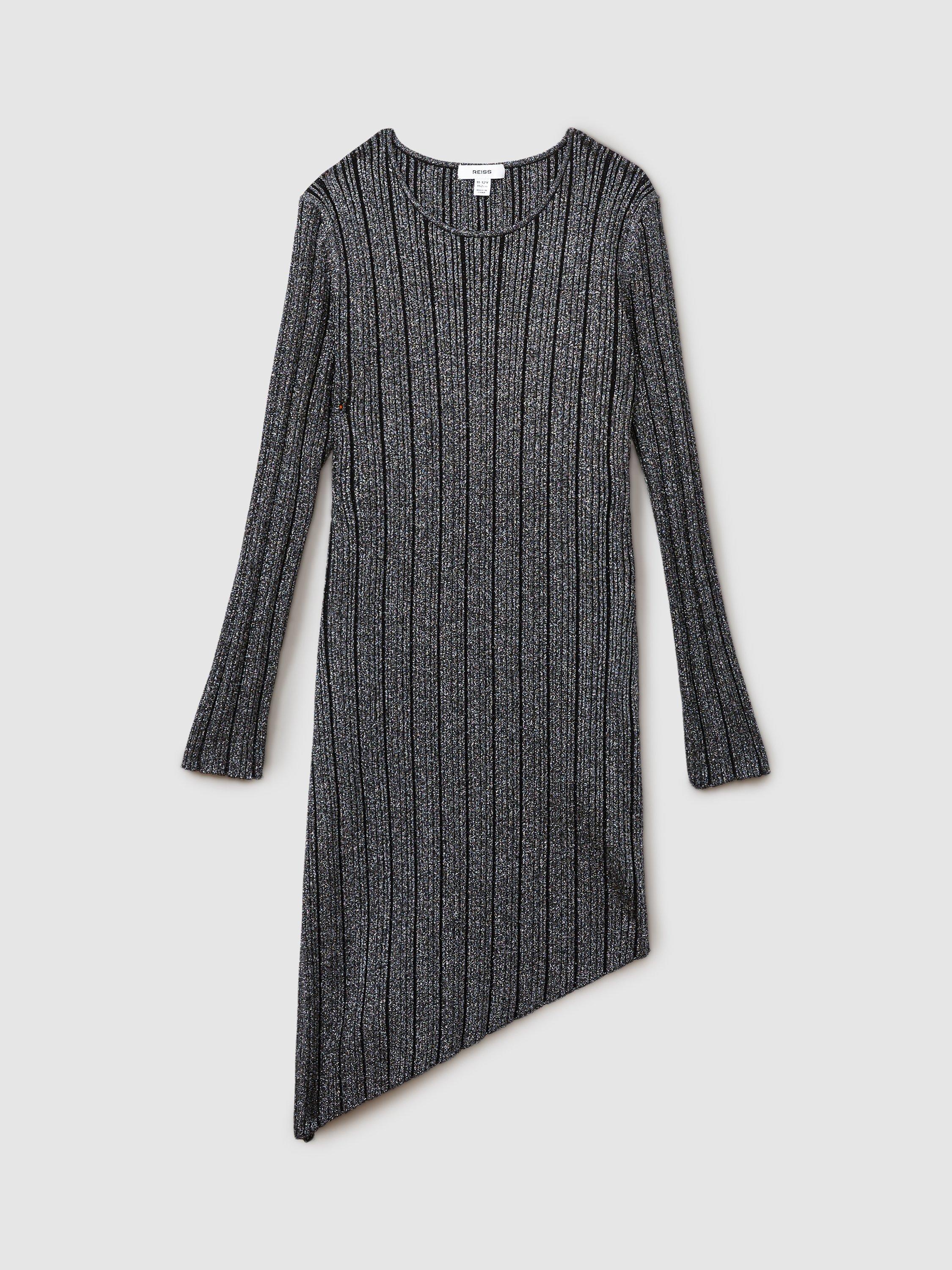 Product image 1 of 4, which shows Reiss Kids' Jayden Metallic Asymmetric Hem Ribbed Midi Dress, Black, 11-12 years