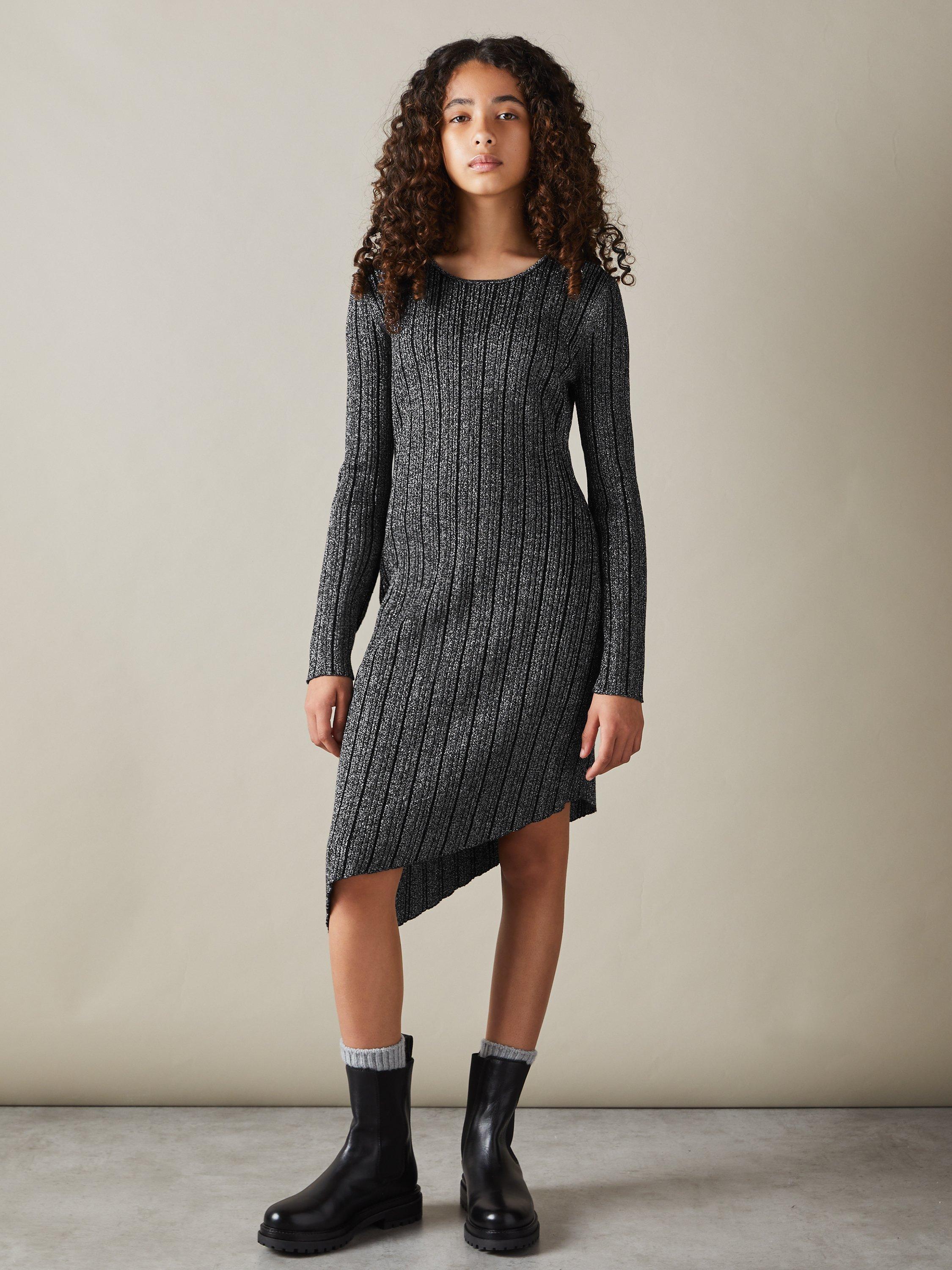 Product image 2 of 4, which shows Reiss Kids' Jayden Metallic Asymmetric Hem Ribbed Midi Dress, Black, 11-12 years