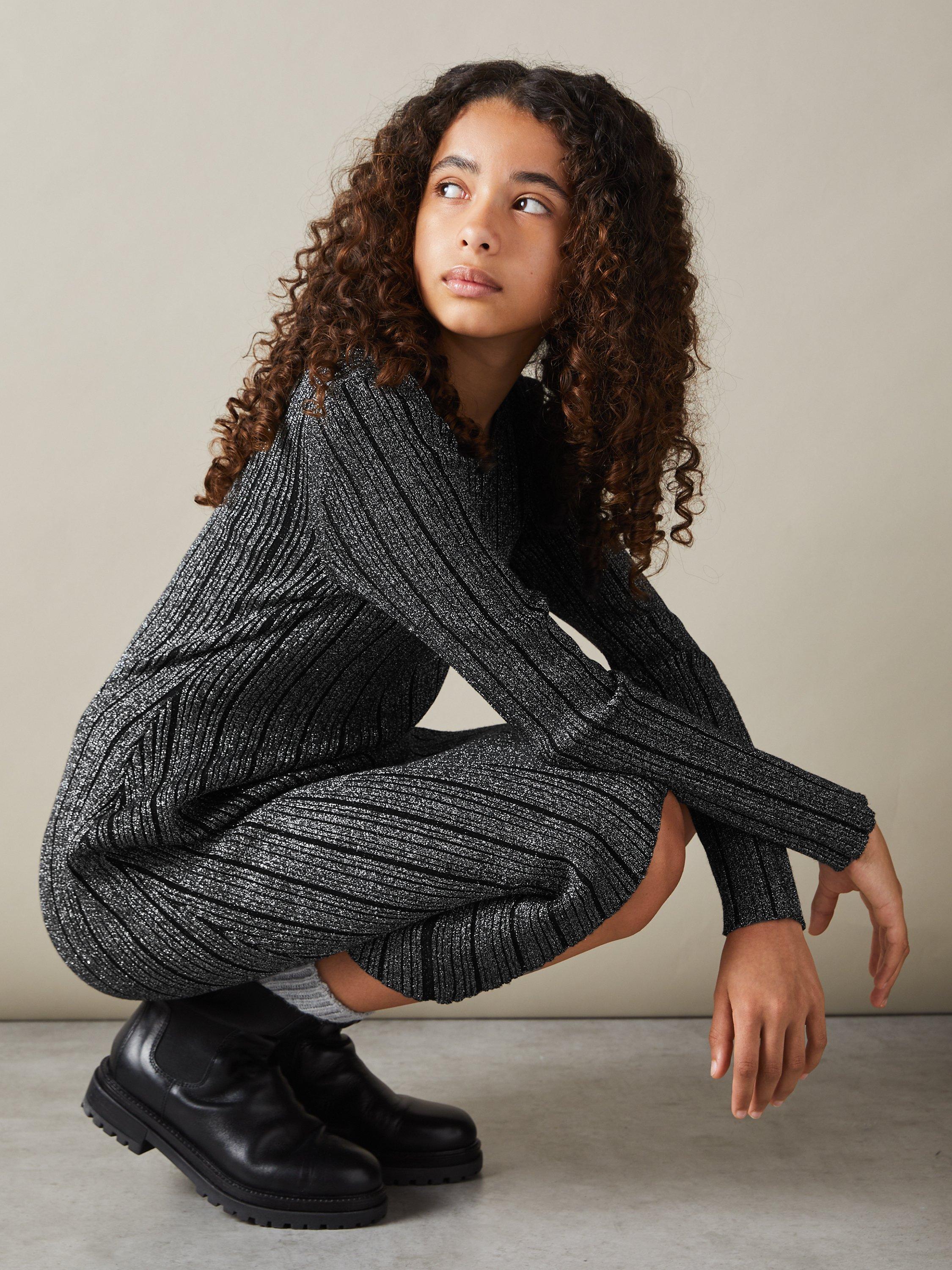 Product image 3 of 4, which shows Reiss Kids' Jayden Metallic Asymmetric Hem Ribbed Midi Dress, Black, 11-12 years