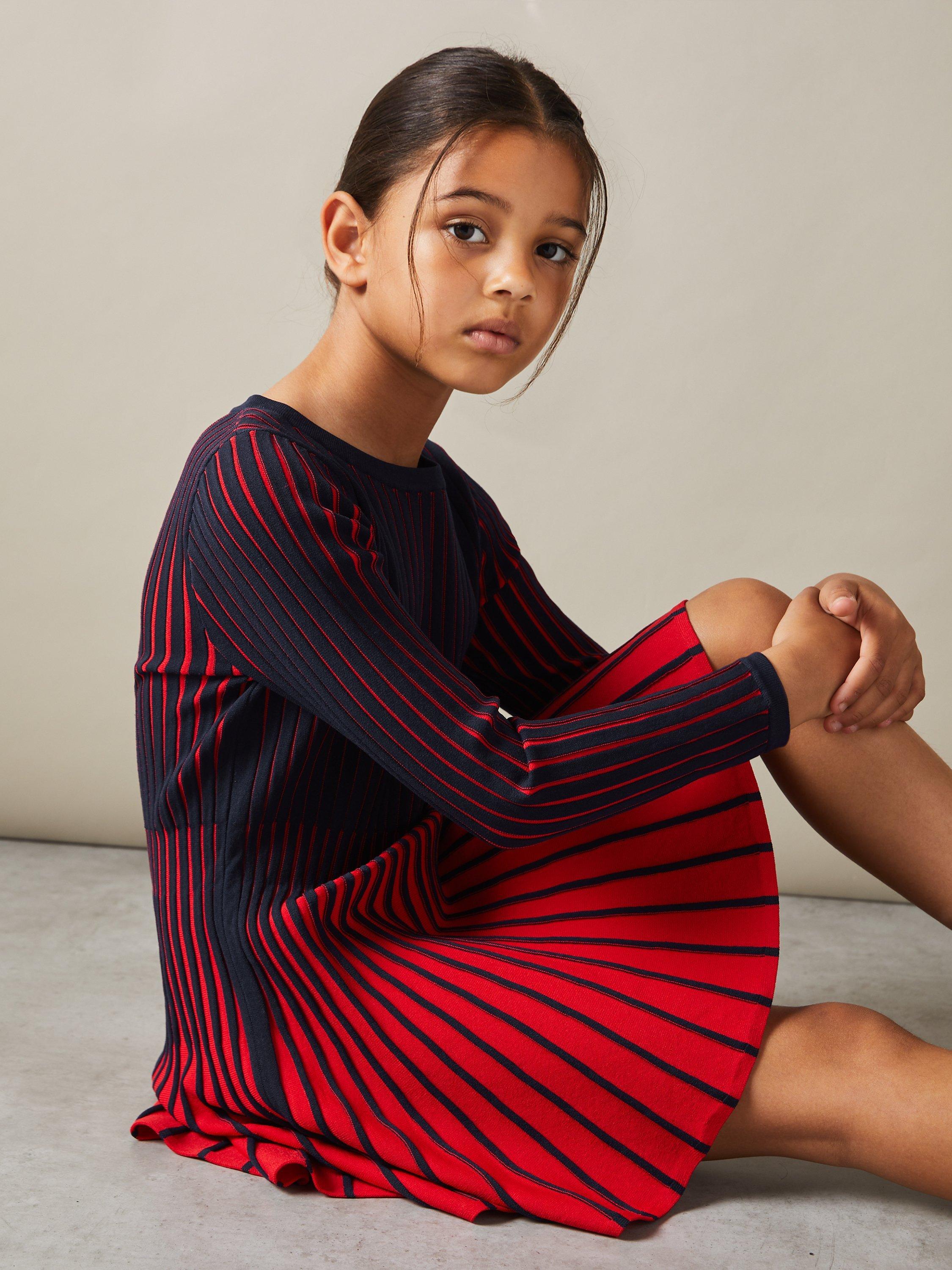 Reiss Kids' Lou Two-Tone Pleated Mini Dress, Navy