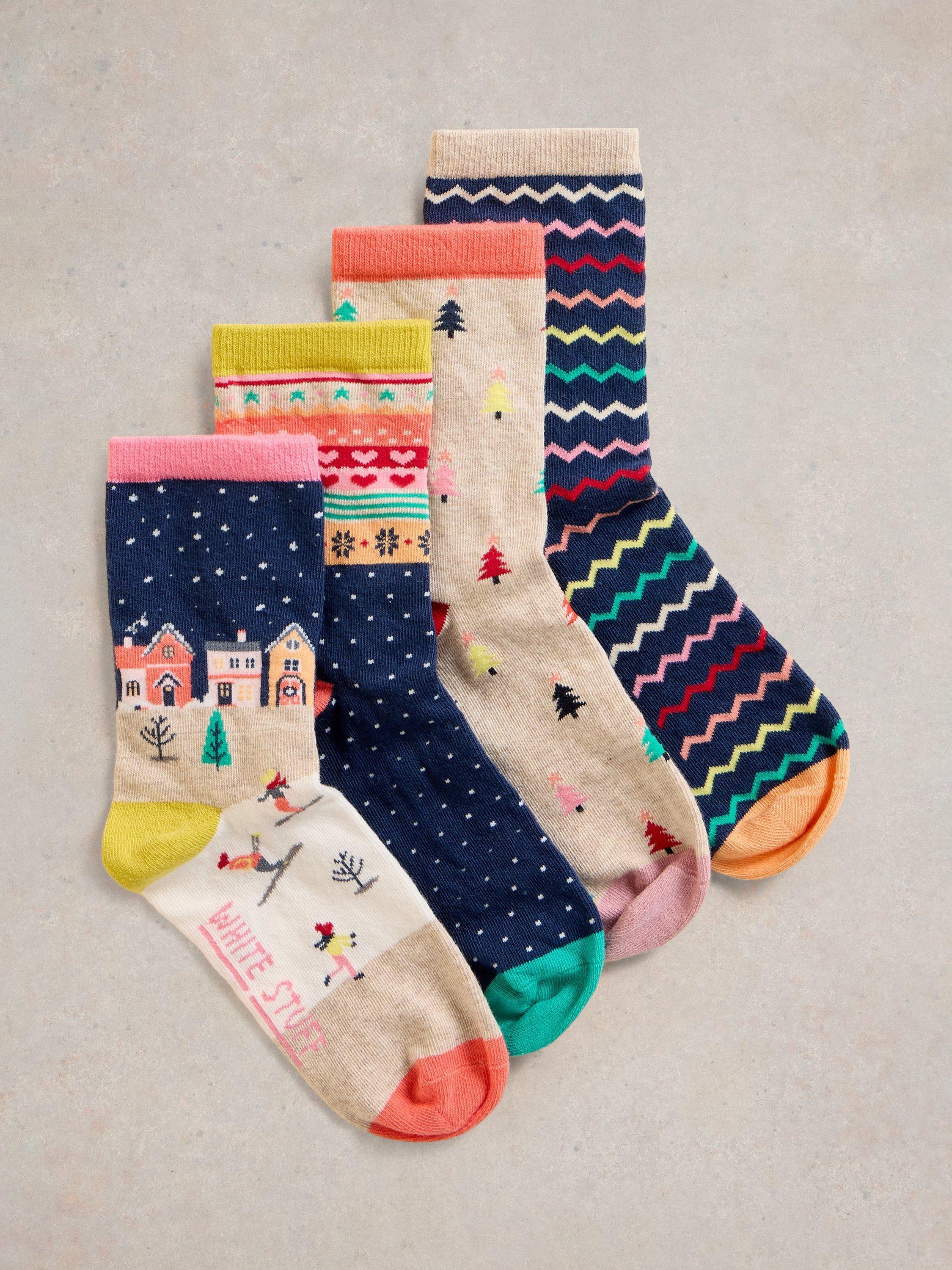 White Stuff Christmas Ankle Socks, Pack of 4, Navy/Multi