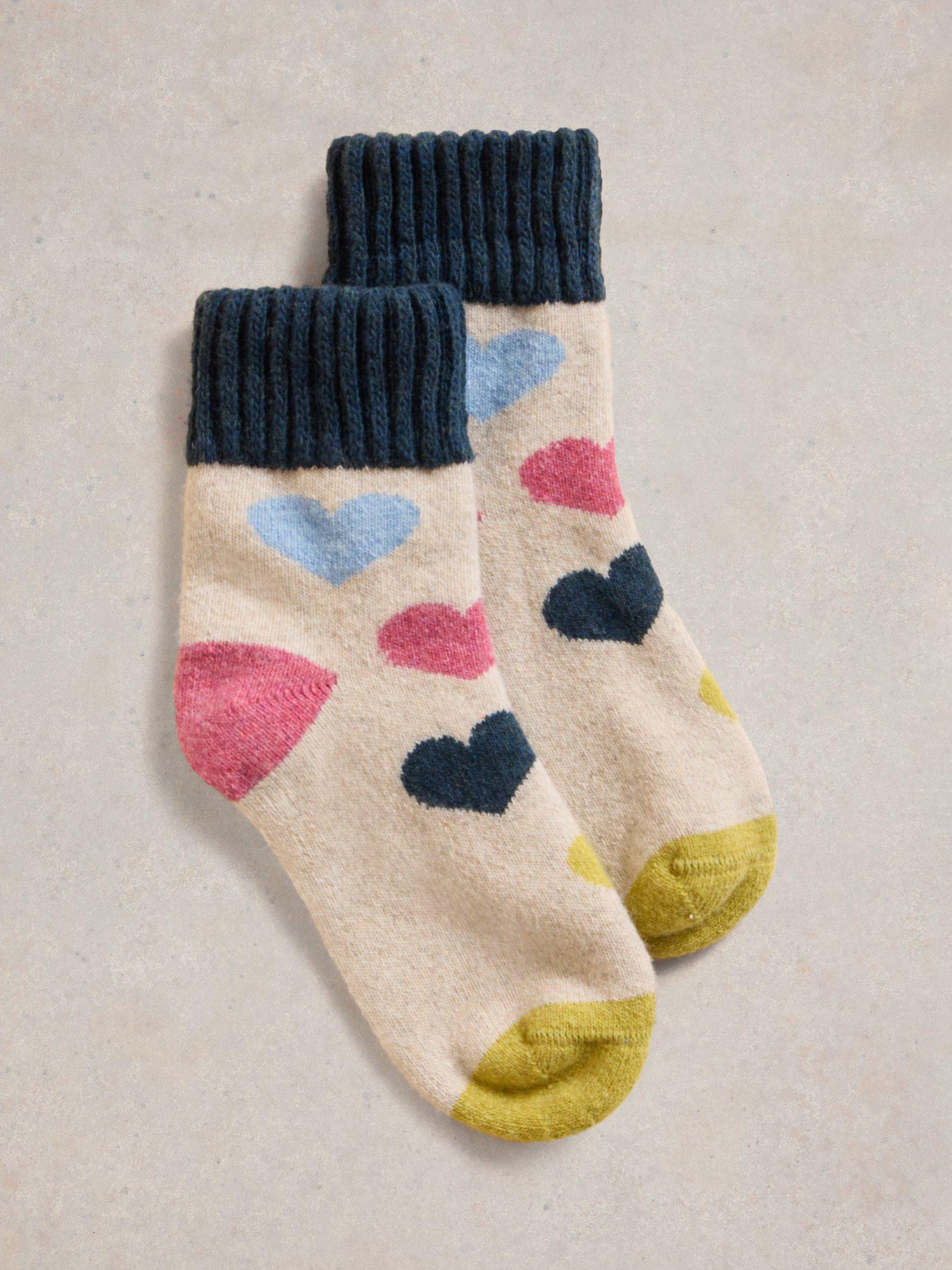 White Stuff Heart Loopback Wool Blend Socks, Beige/Multi