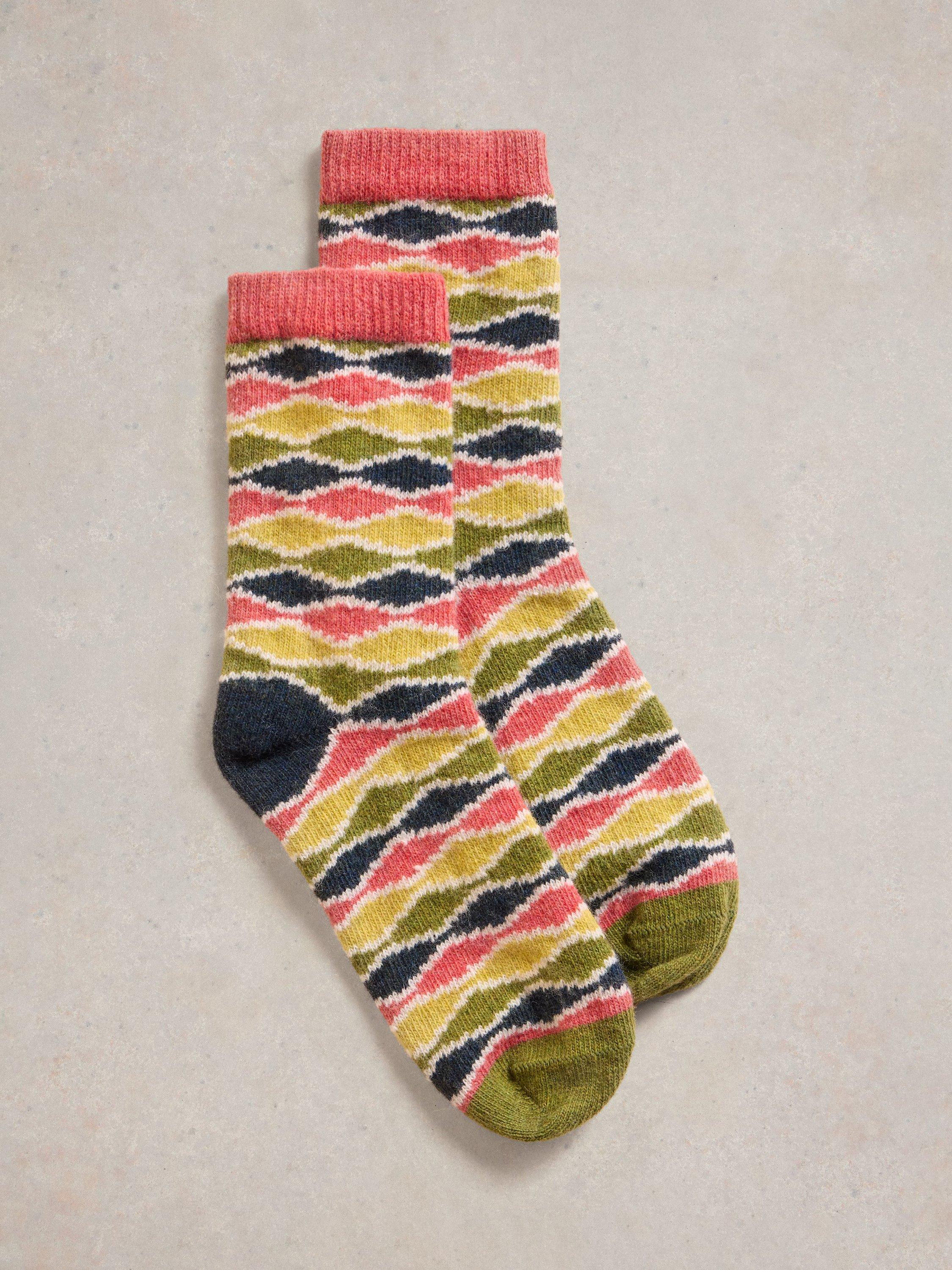 White Stuff Wavy Diamond Wool Blend Socks, Pink/Multi