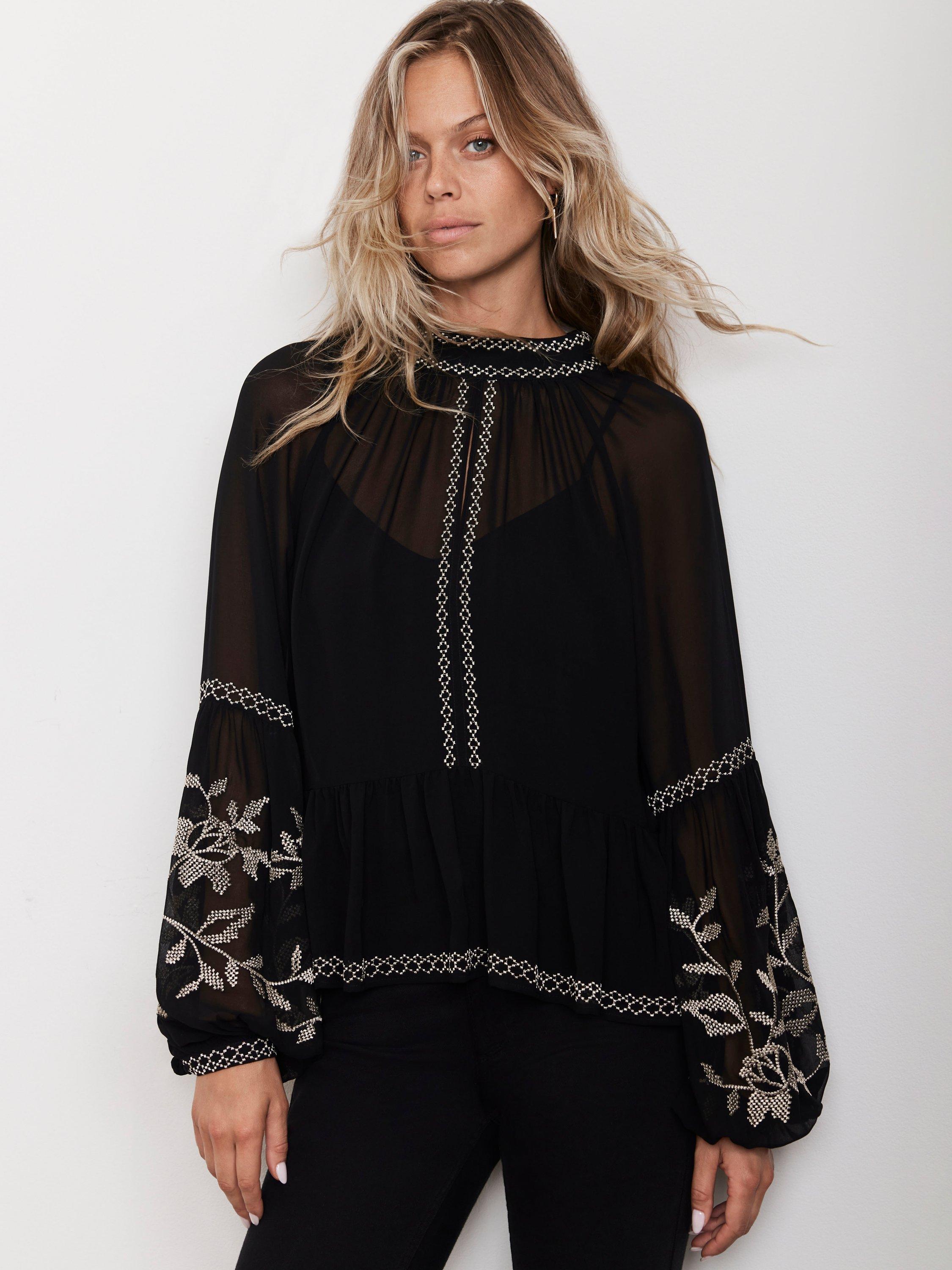Mint Velvet Embroidered Boho Blouse Black