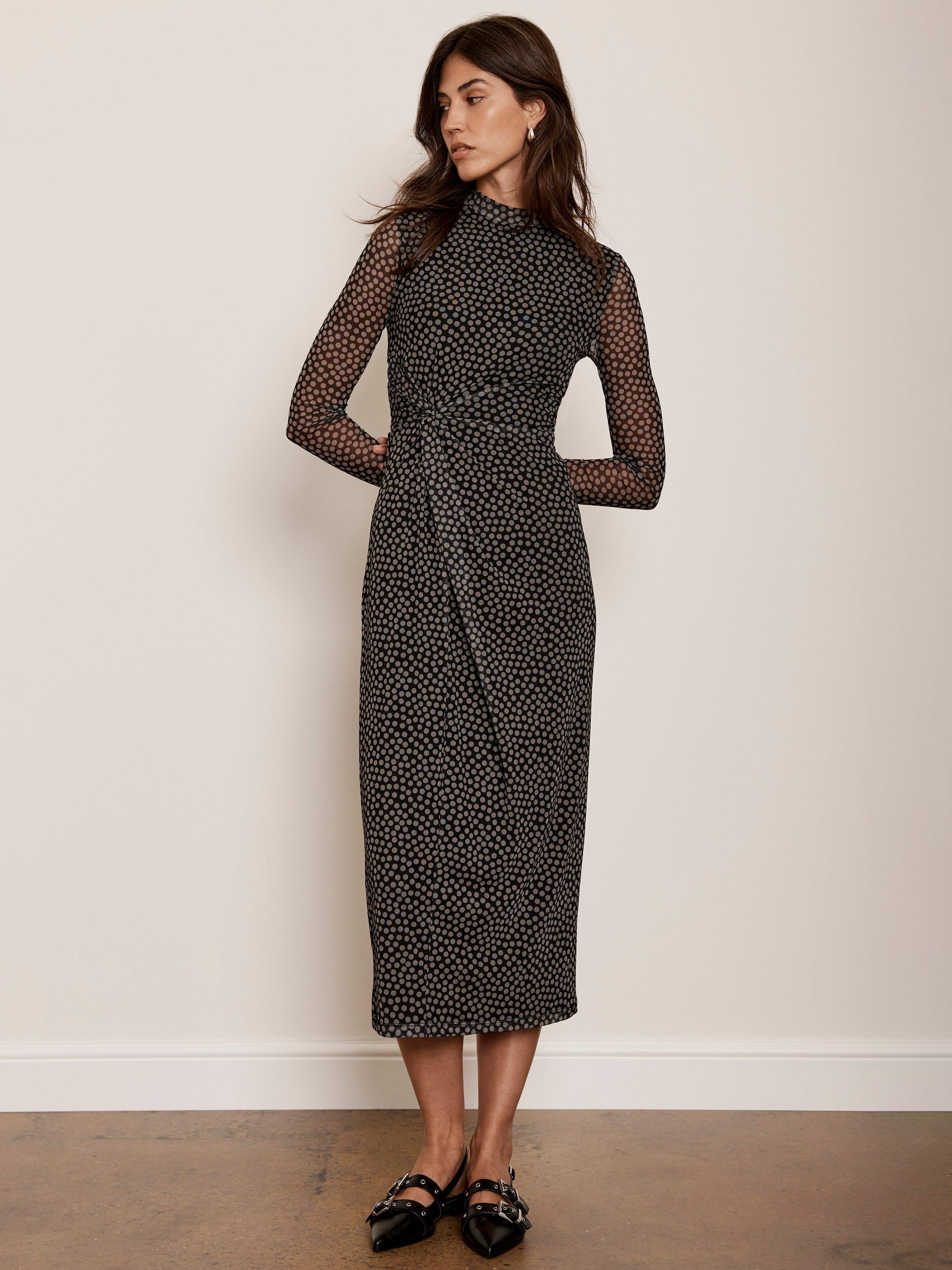 Mint Velvet Spot Print Mesh Midi Dress Black