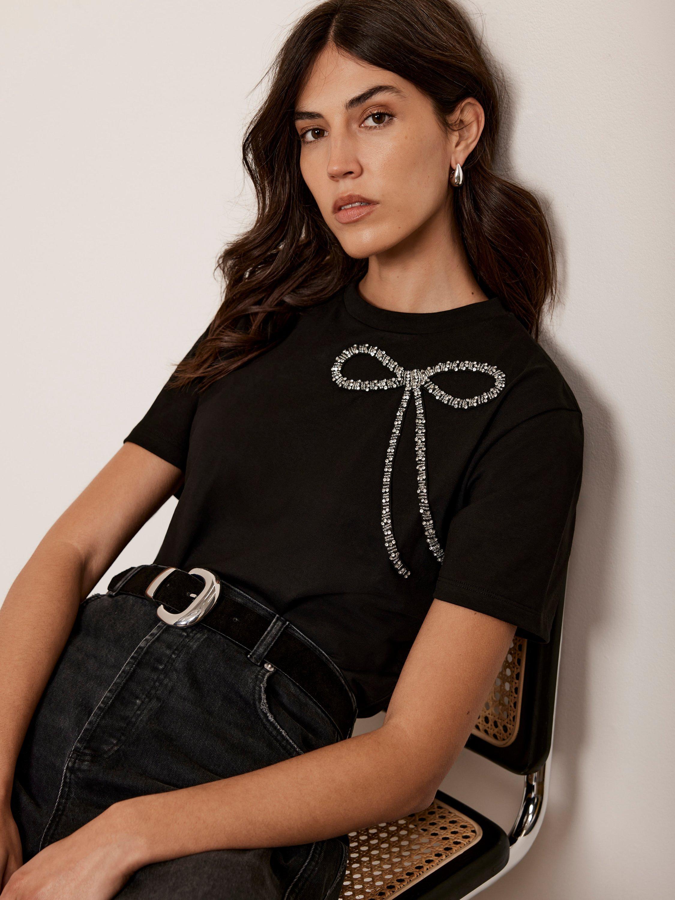 Mint Velvet Metallic Bow T Shirt Black