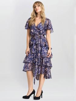 Gina Bacconi Lottie Tiered Dress, Navy/Pink, Navy/Pink