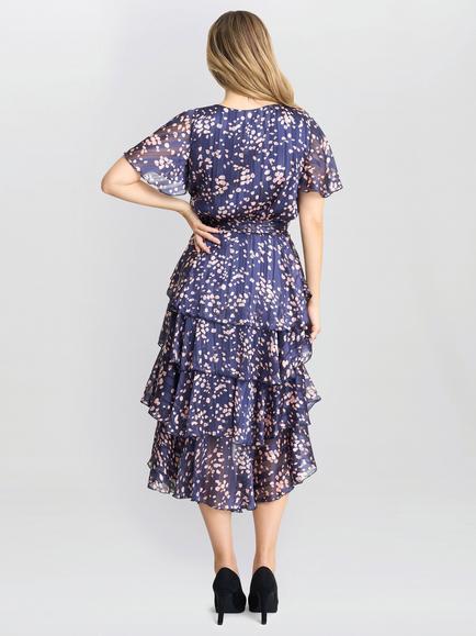 Gina Bacconi Lottie Tiered Dress, Navy/Pink - view 2, Navy/Pink