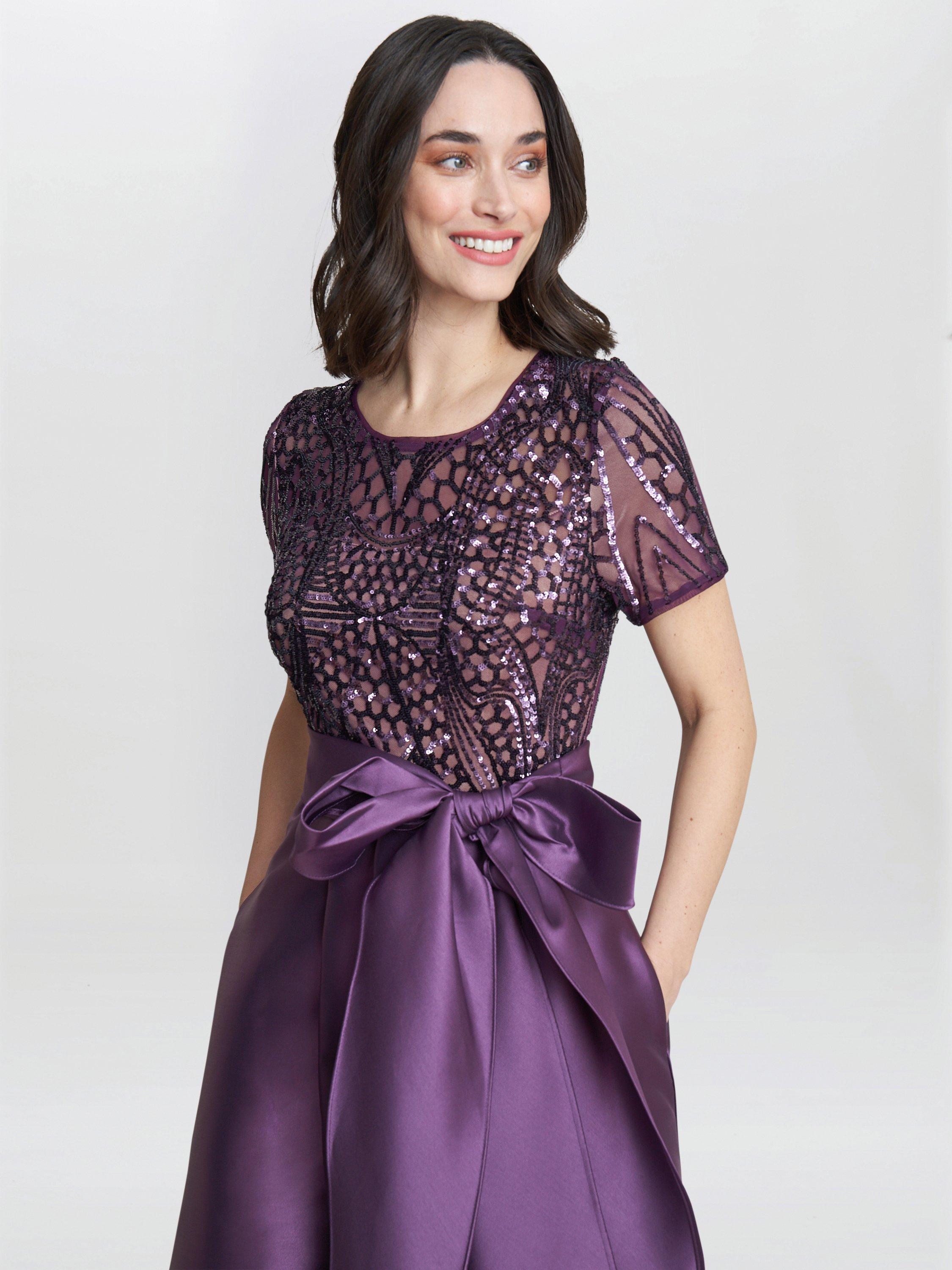 Product image 4 of 4, which shows Gina Bacconi Noemi Embroidered Dress, Purple, 12