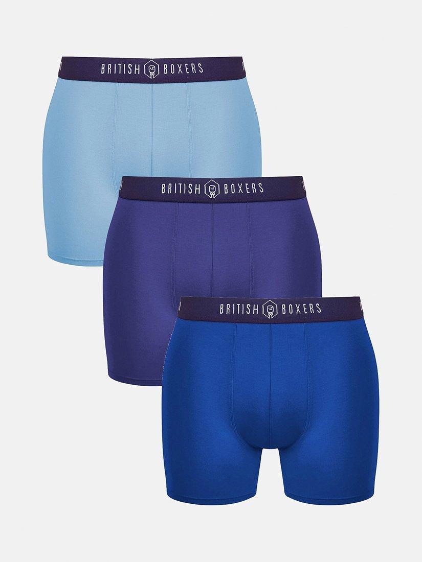 Product image 1 of 7, which shows British Boxers Cotton Trunks, Pack of 3, Blue/Multi, S