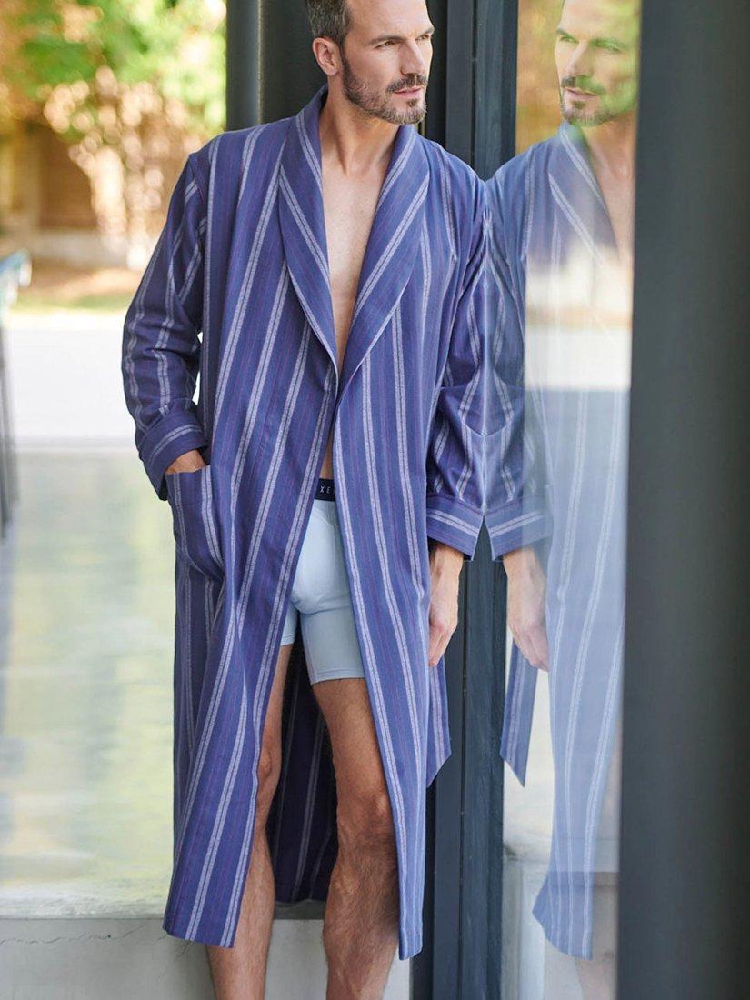 Product image 1 of 4, which shows British Boxers Brushed Cotton Stripe Dressing Gown, Banbury Blue, S