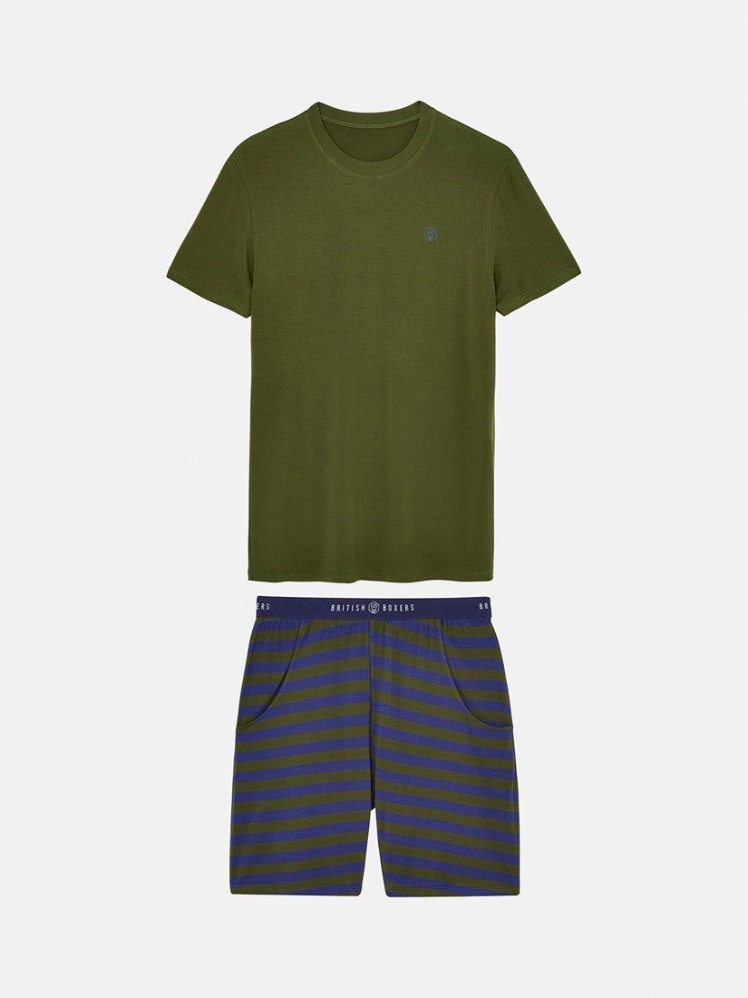 Product image 2 of 4, which shows British Boxers Bamboo Blend Stripe Short Pyjama Set , Khaki/Navy, S