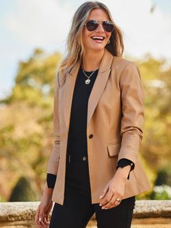 Sosandar Premium Faux Leather Blazer, Tan - view 2, Tan