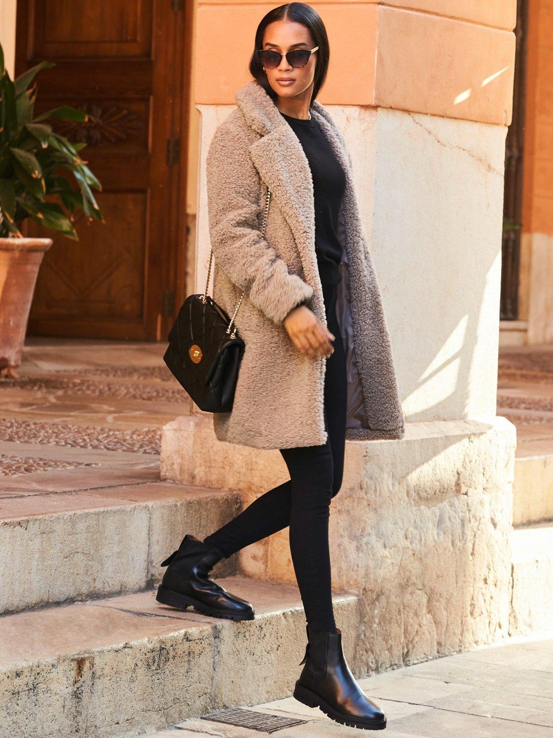 Product image 6 of 6, which shows Sosandar Faux Teddy Borg Coat, Taupe, 6